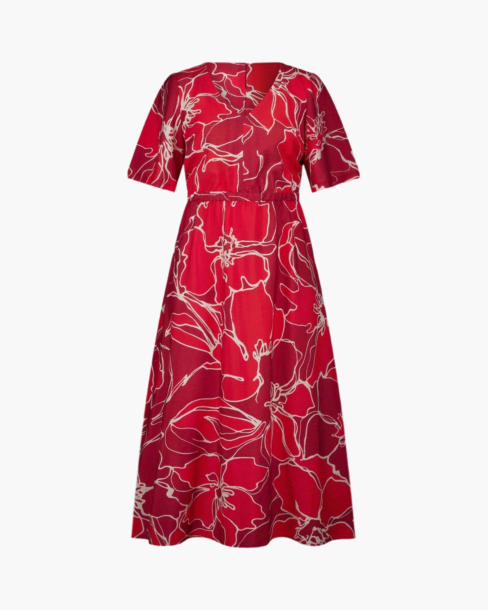 dress, mid-length, red, floral pattern, short sleeves
