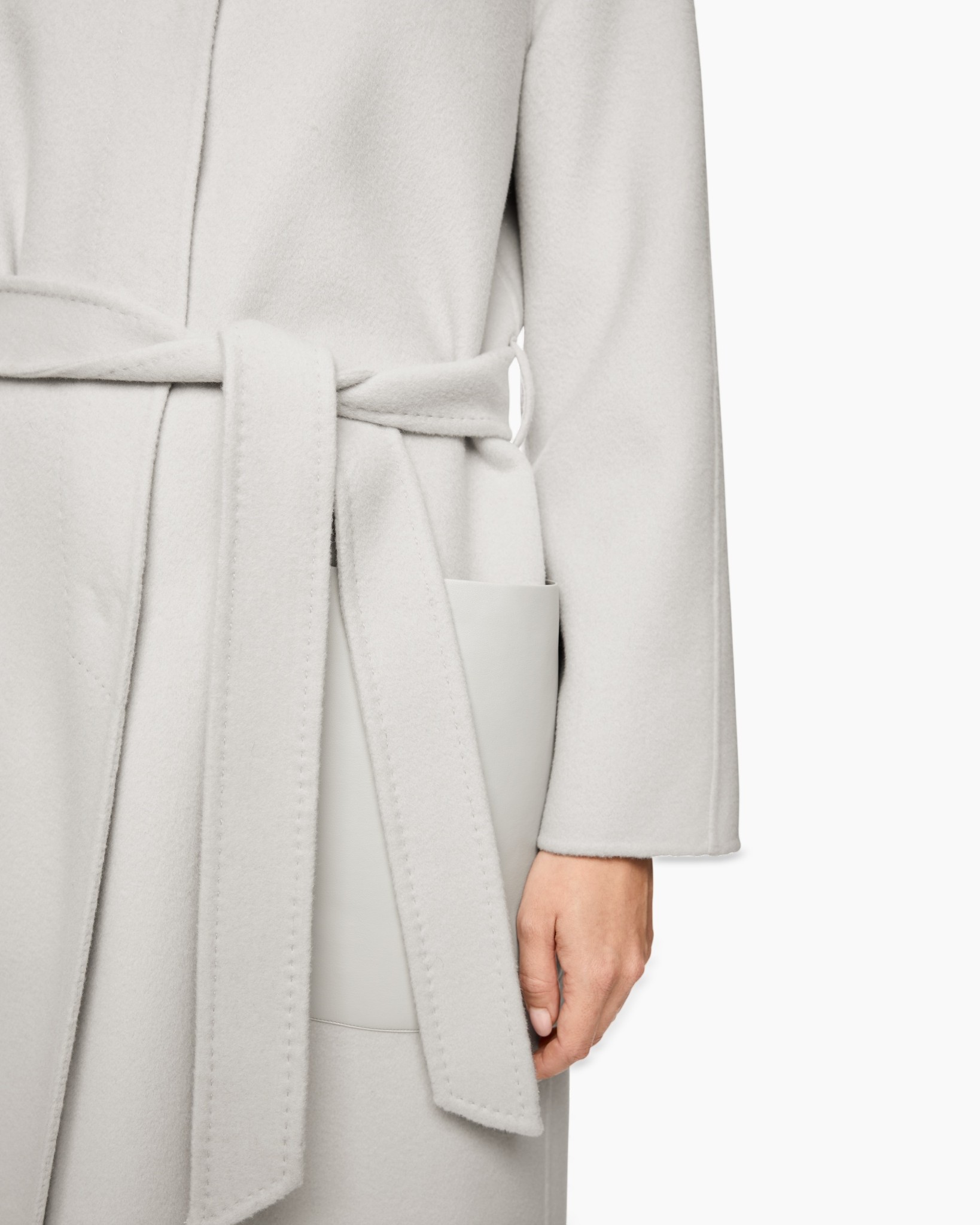 coat, belt, pocket, long sleeve, light gray