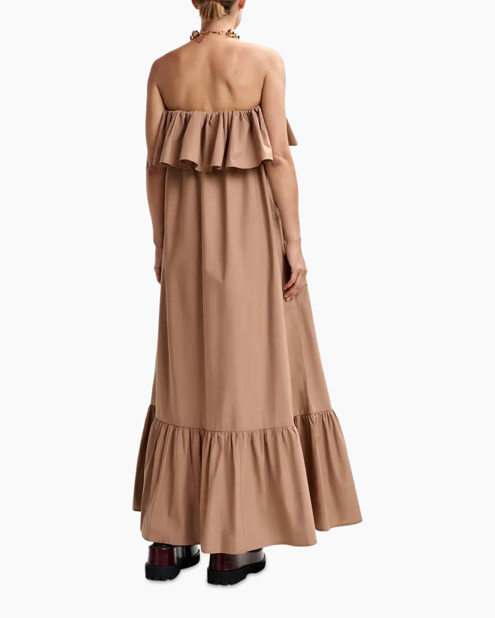 off-shoulder, ruffled, maxi dress, beige, ankle-length