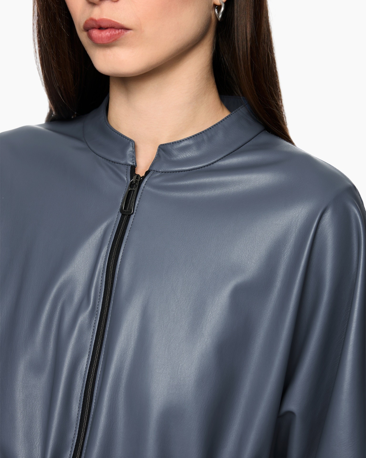 leather jacket, zipper, round neck, blue-gray, outerwear