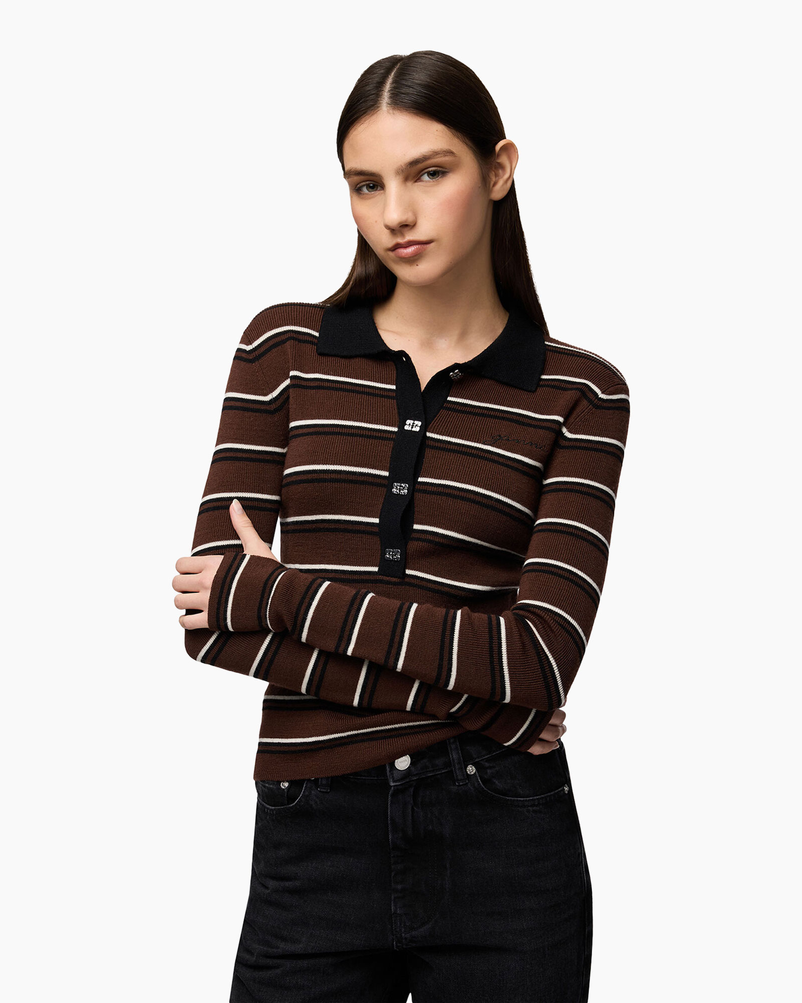 striped sweater, brown sweater, long sleeves, polo collar, knit top