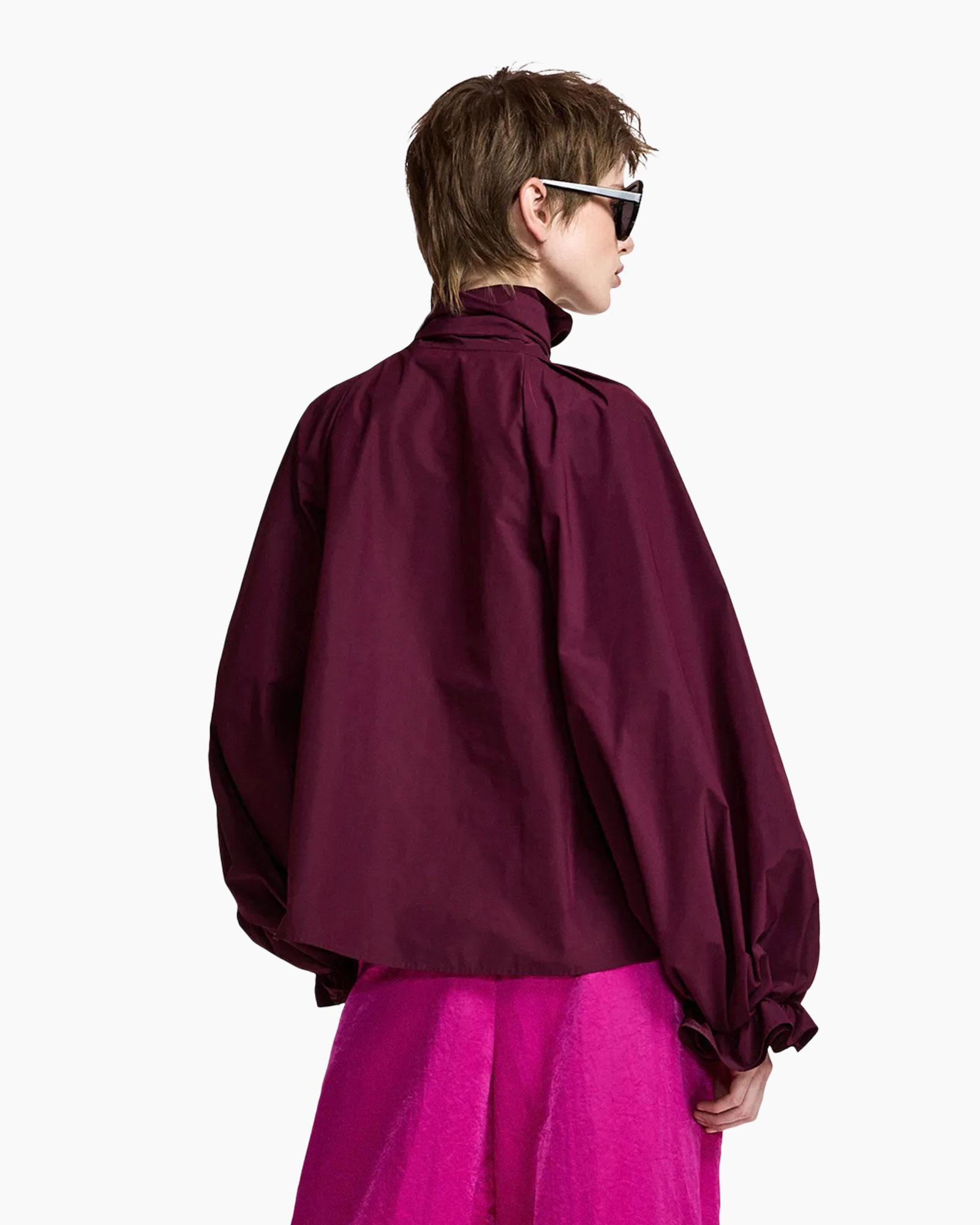 burgundy jacket, puff sleeves, windbreaker, collar, short jacket