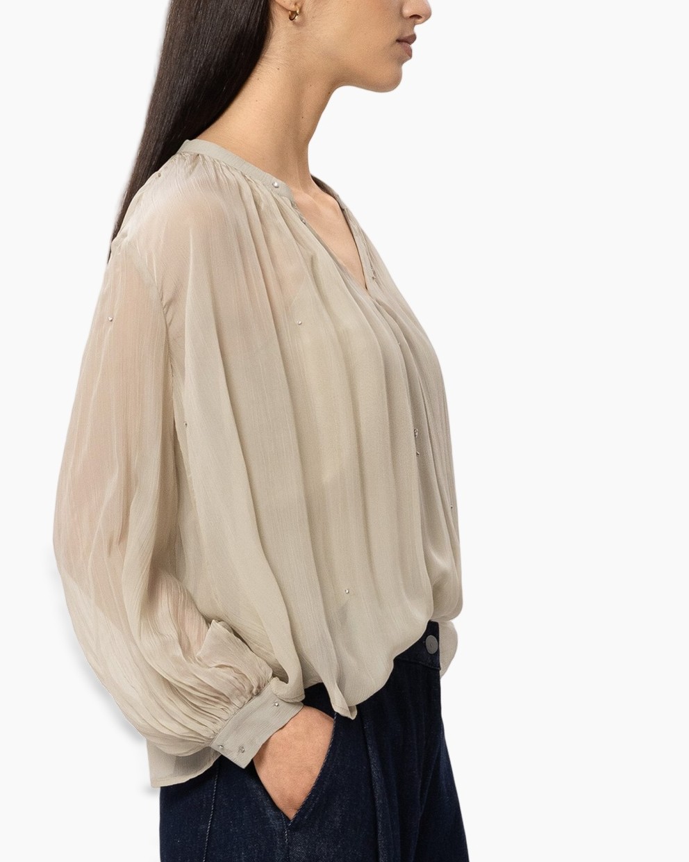 blouse, beige, long-sleeve, sheer, v-neck