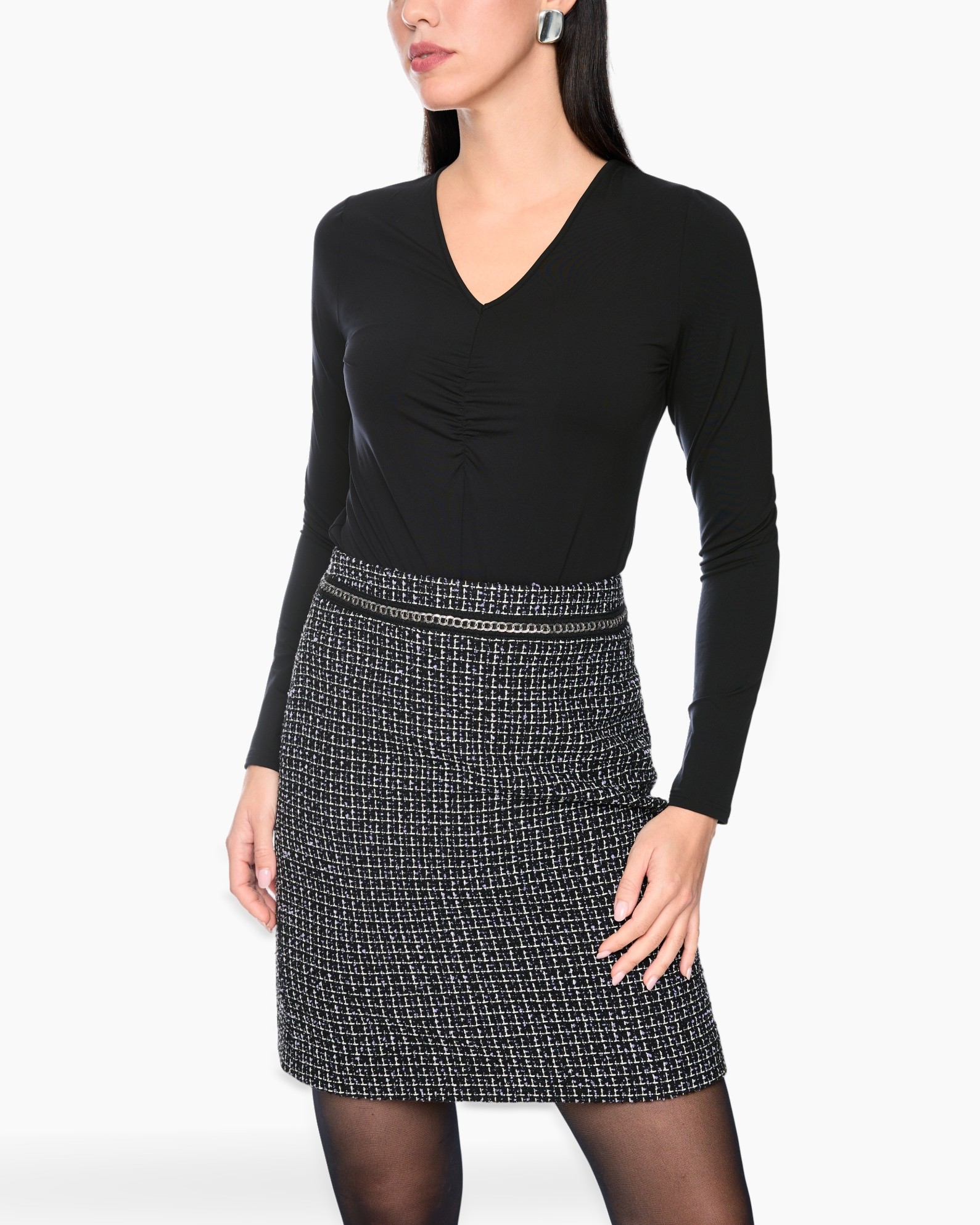 black top, v-neck, ruched detail, tweed skirt, black tights