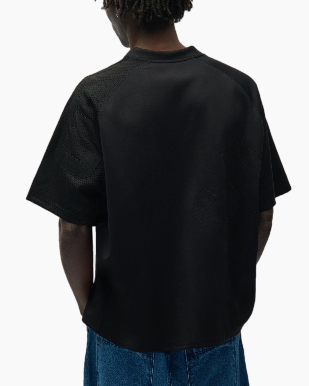 black jersey,  oversized tee,  mesh panels,  V-neck,  large number 23