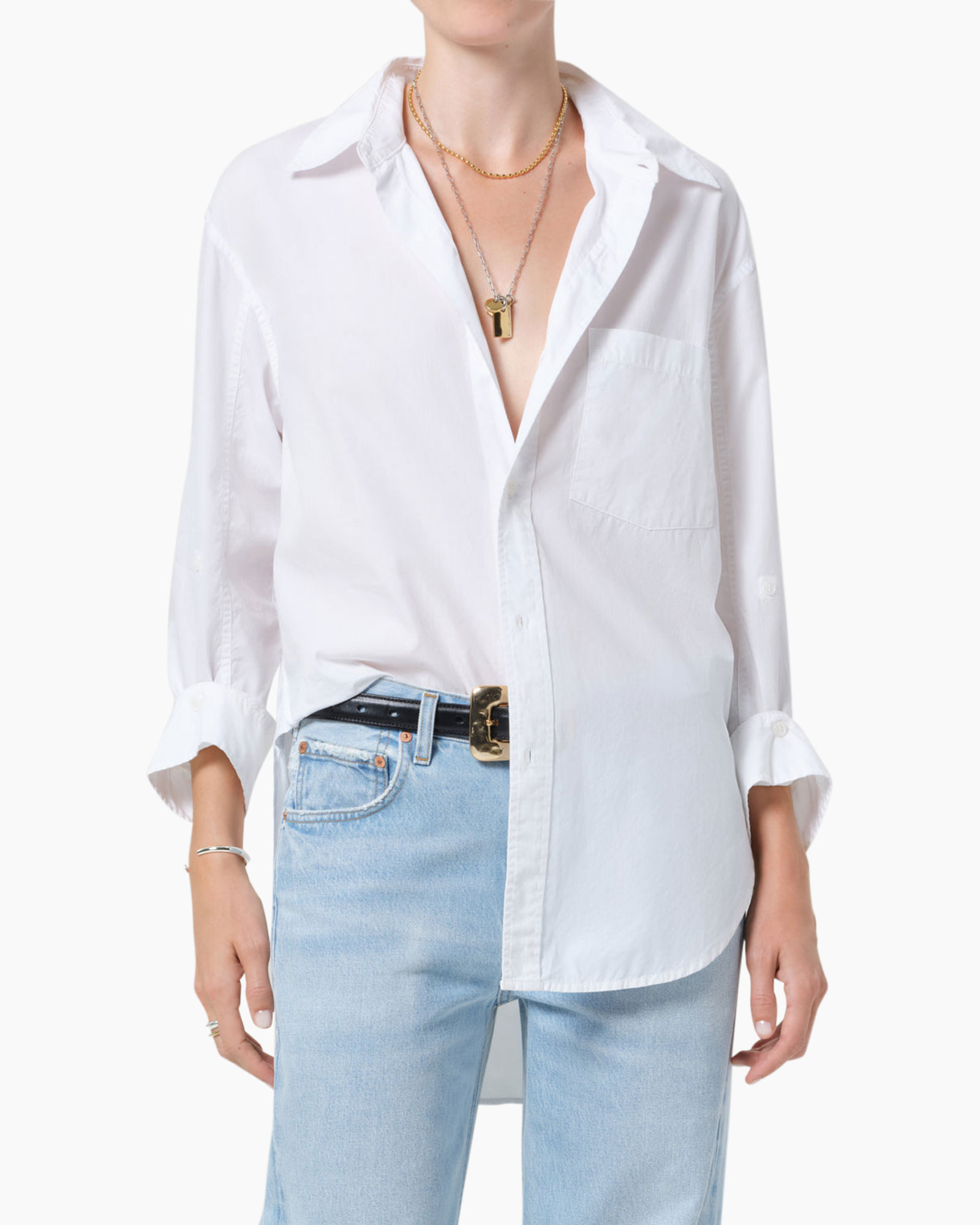 white shirt, button-down, long sleeve, collared, pocket tee