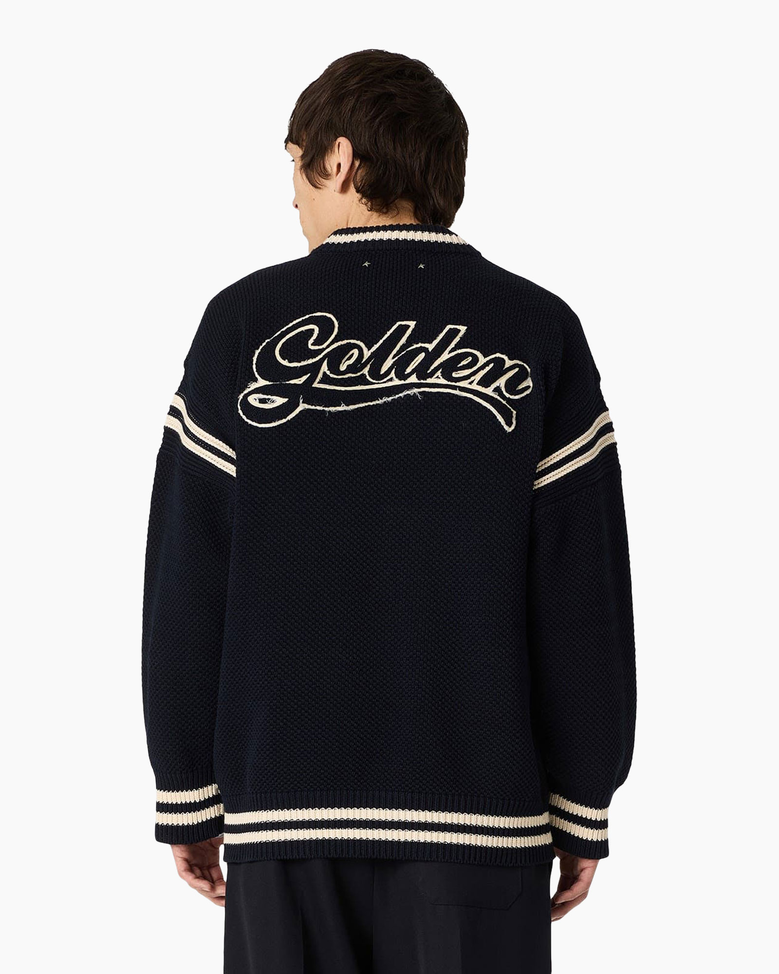 knit sweater, navy sweater, striped sleeves, back logo, loose fit