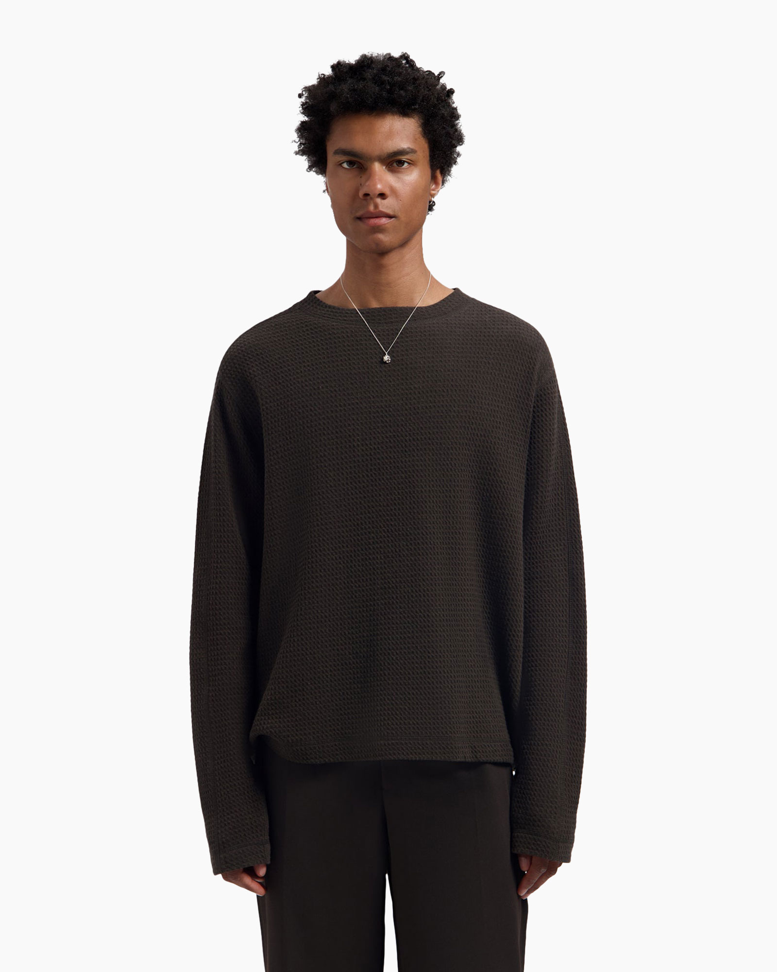 sweater, dark brown, textured knit, crew neck, long sleeves