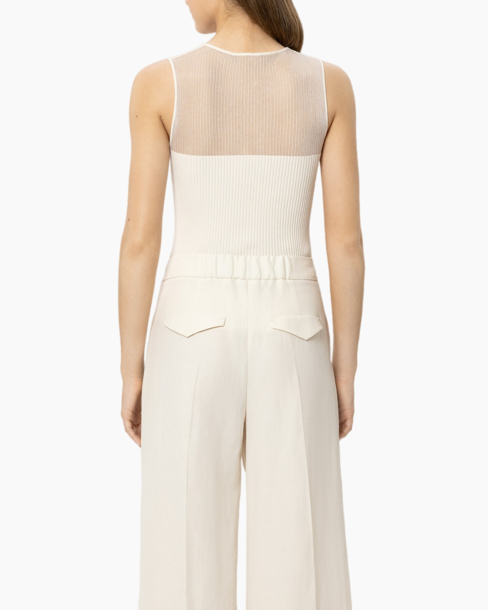 tank top, ribbed knit, sheer mesh, creamy white, tailored pants
