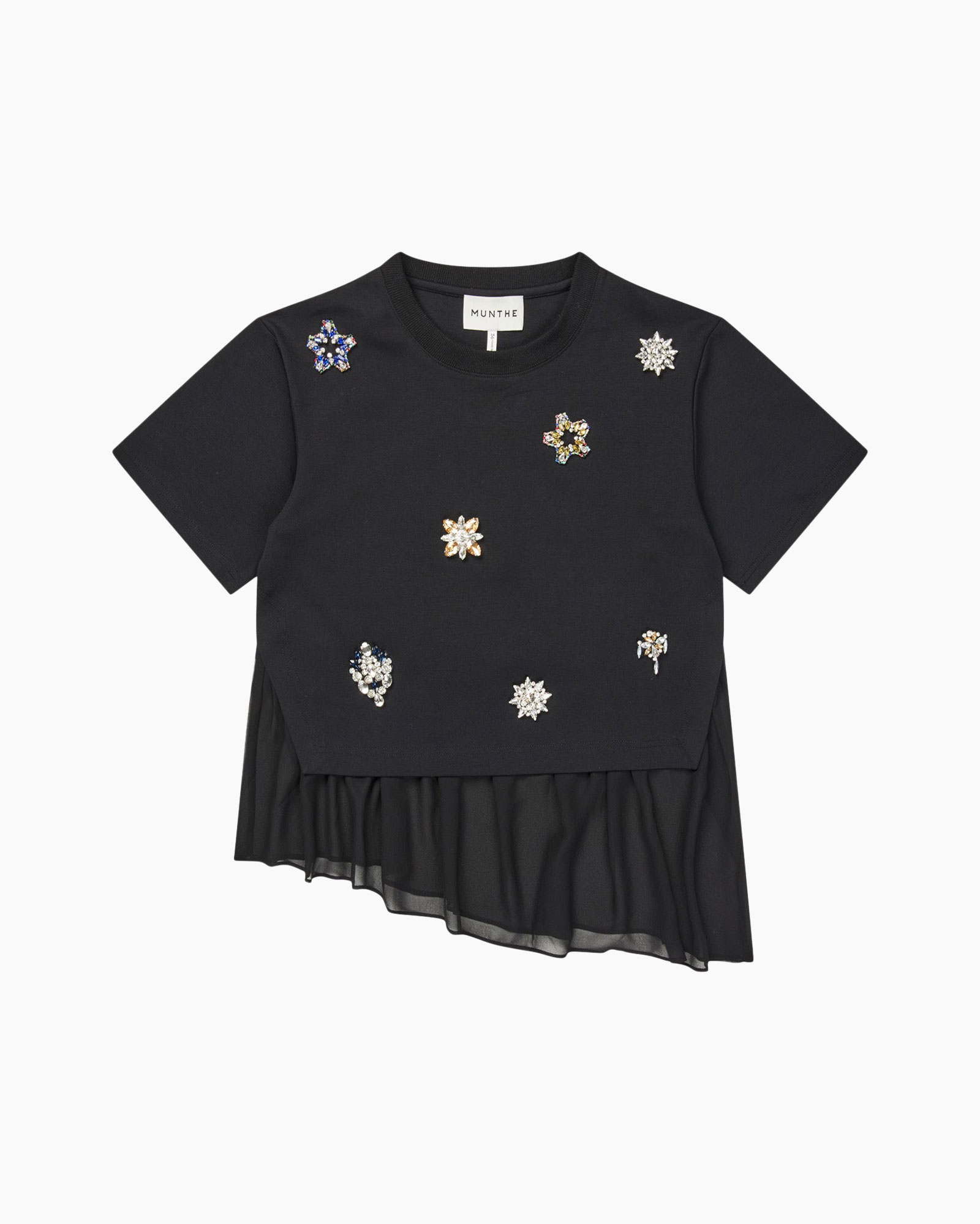 t-shirt, black, embellished, short sleeve, layered hem