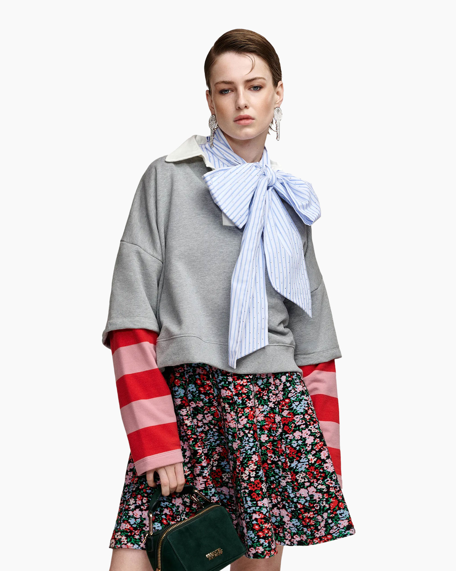 gray sweatshirt,  oversized,  striped scarf,  floral skirt,  red striped sleeves