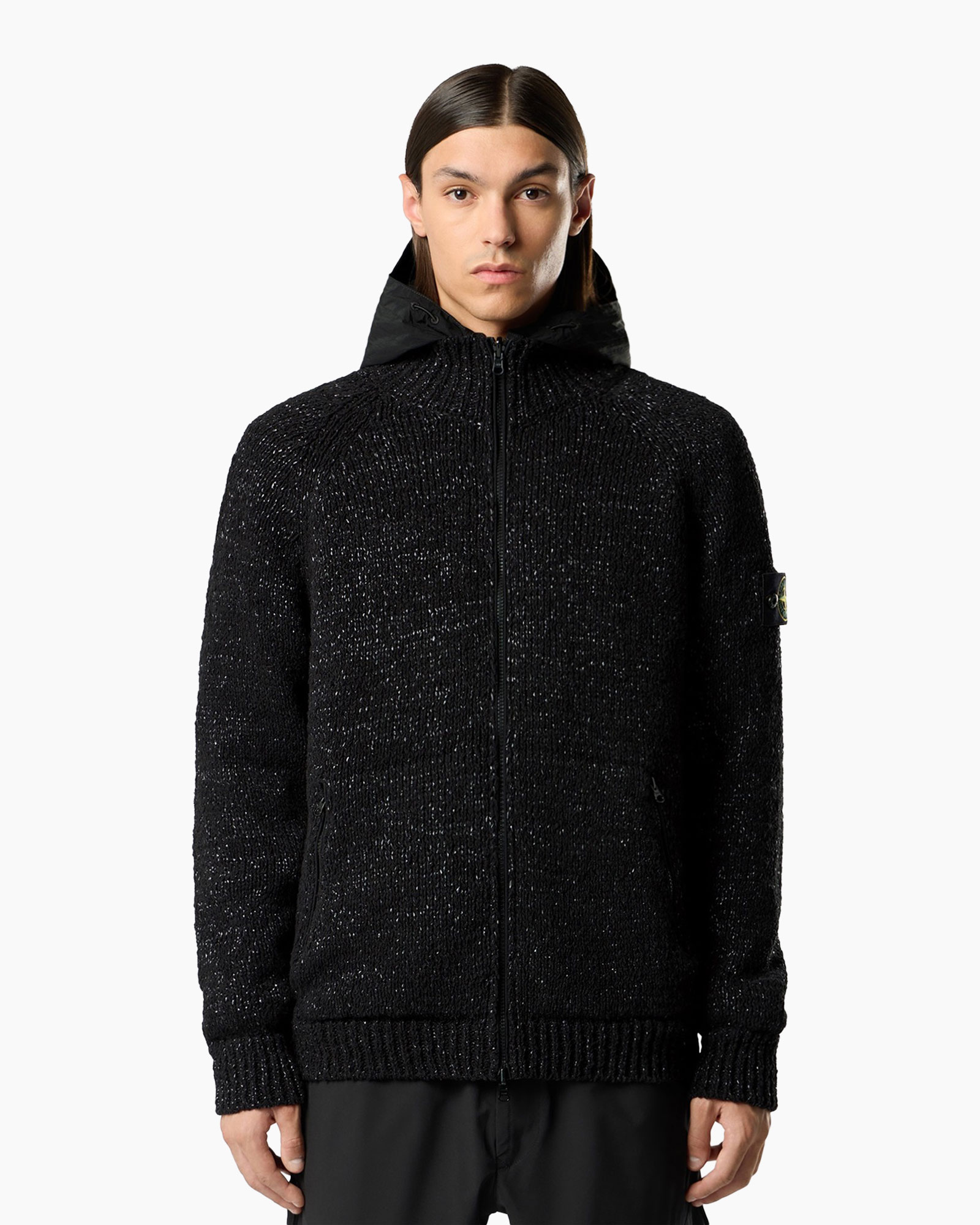 hooded cardigan, knit jacket, black, full zip, texture knit