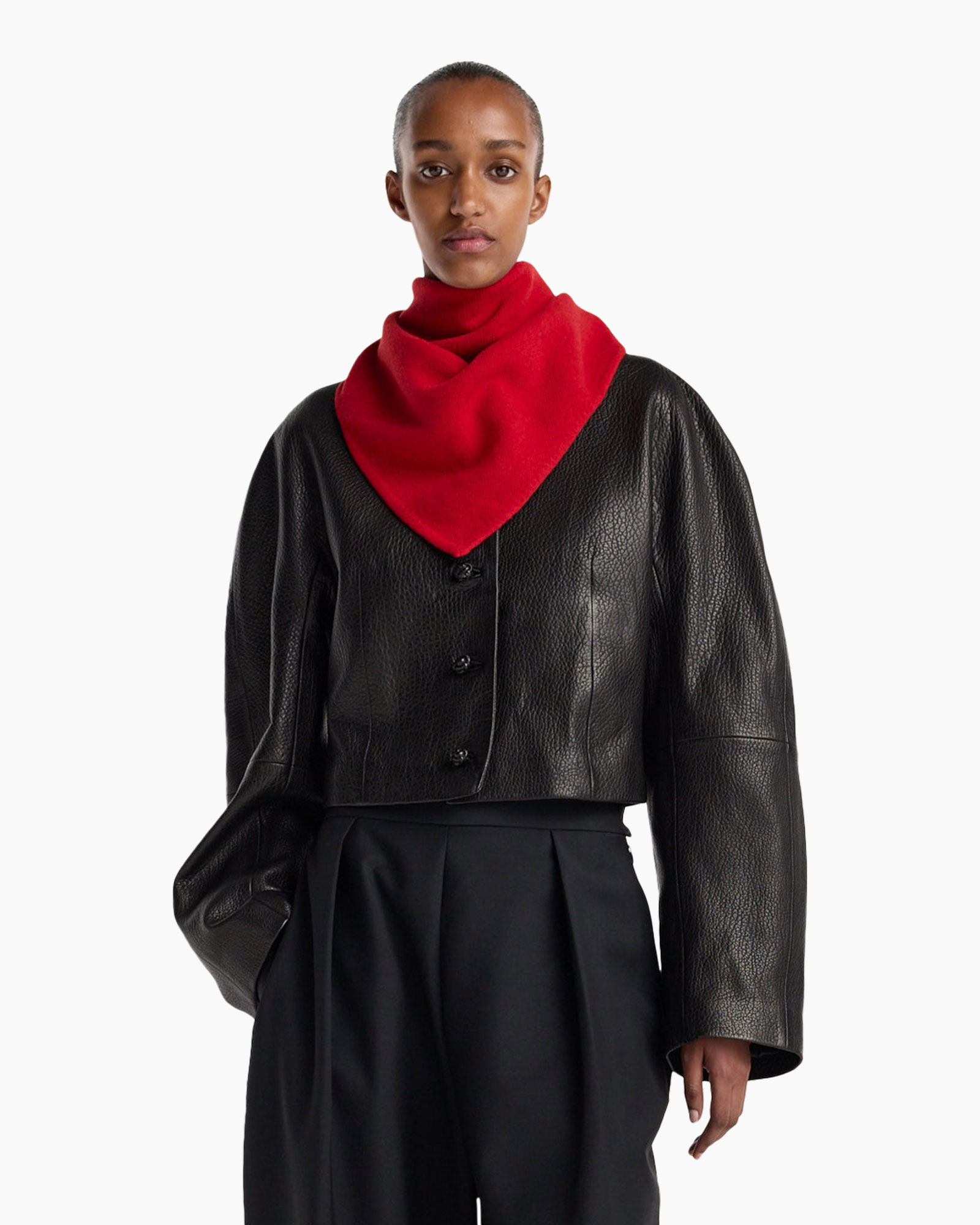 leather jacket, black jacket, red scarf, high collar, long sleeve