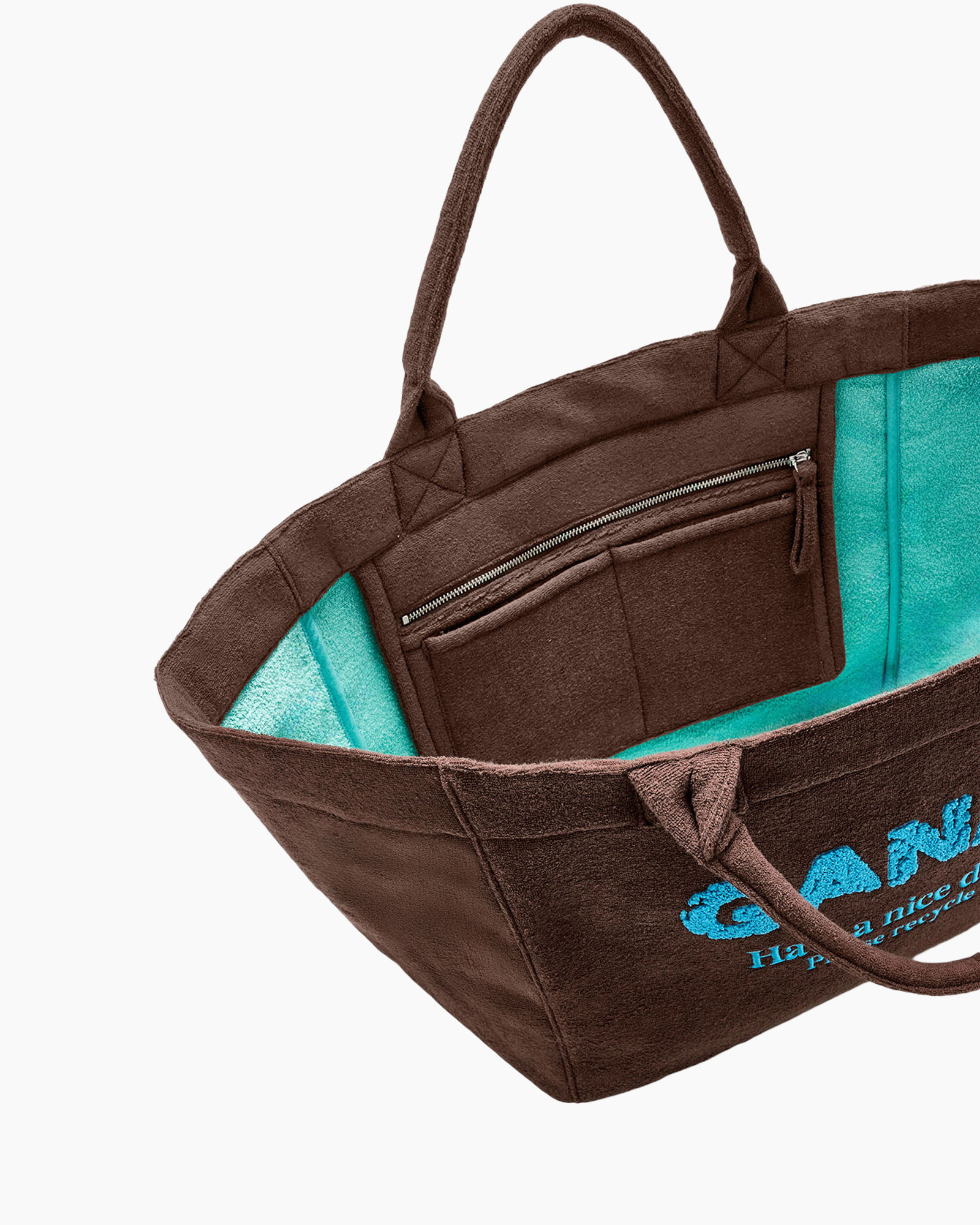tote bag, brown bag, zipper pocket, turquoise lining, canvas bag