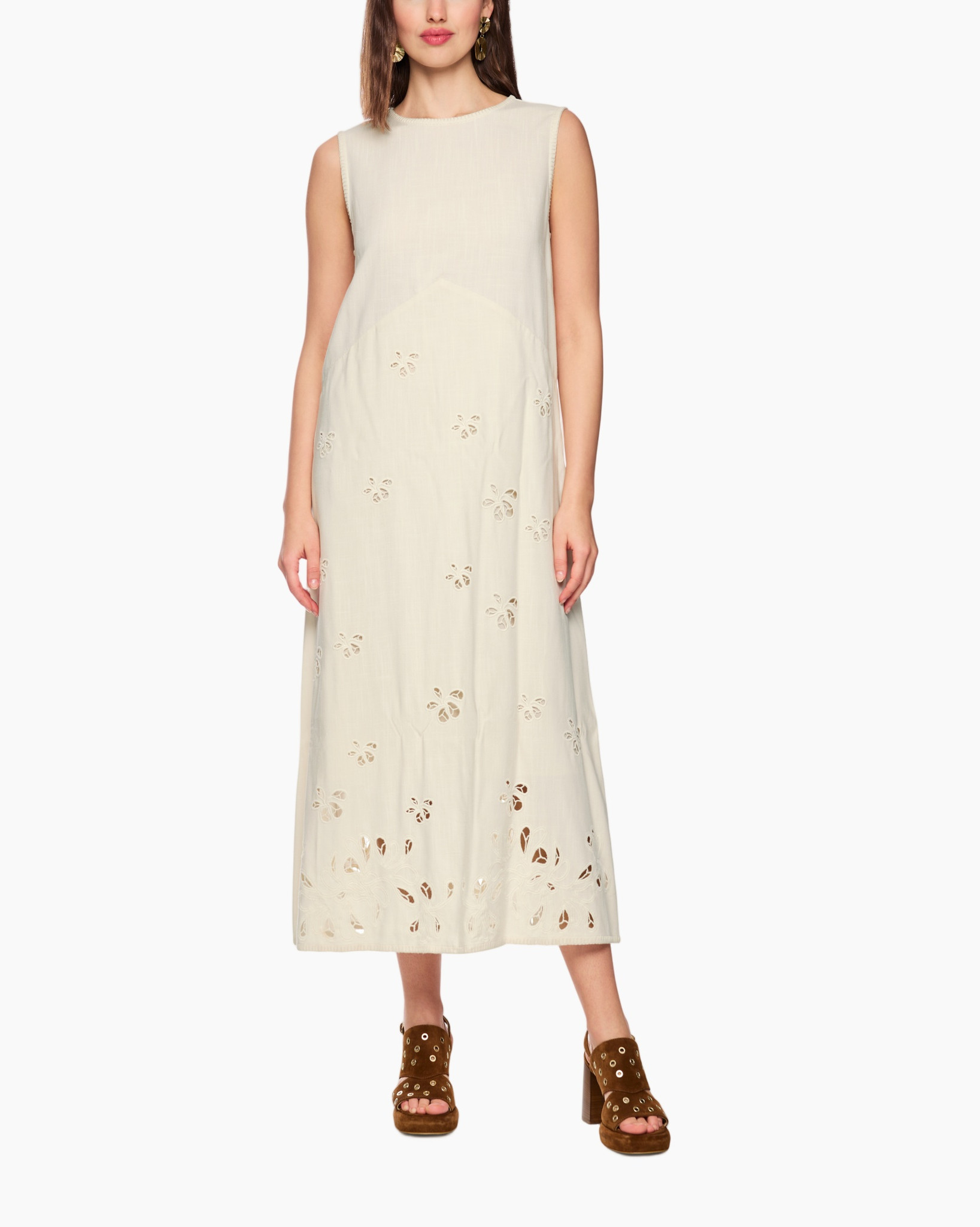 dress, midi dress, linen dress, eyelet pattern, sleeveless