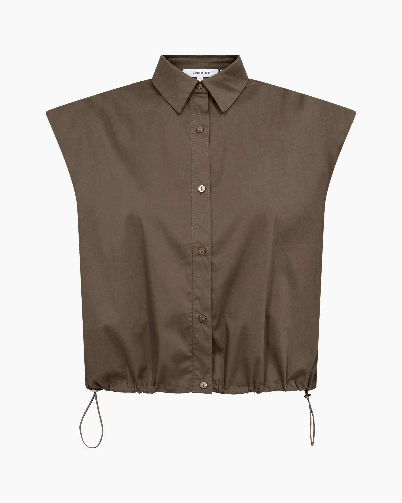 button-down, top, sleeveless, drawstring, khaki
