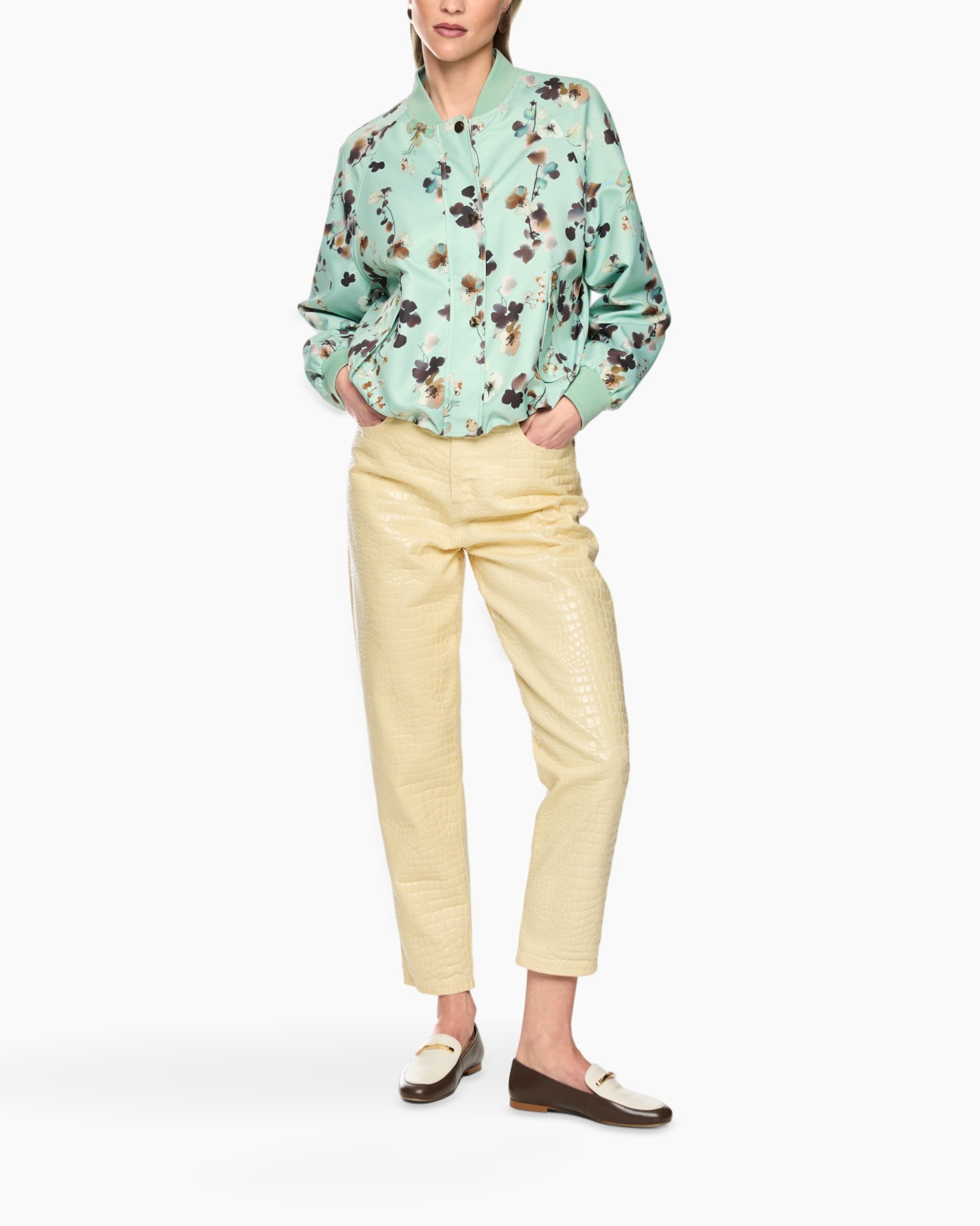 floral bomber, mint jacket, satiny jacket, green floral, windbreaker style