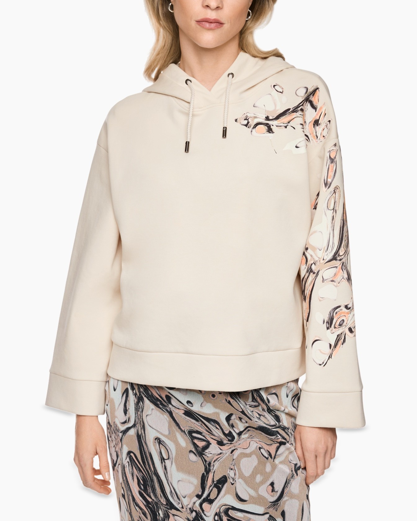 hoodie, long sleeve, beige, printed sleeve, drawstring hood