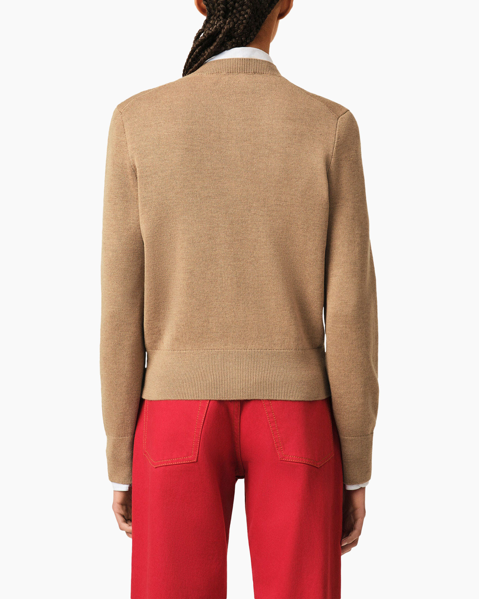 cardigan, button-up, beige, crewneck, heart logo