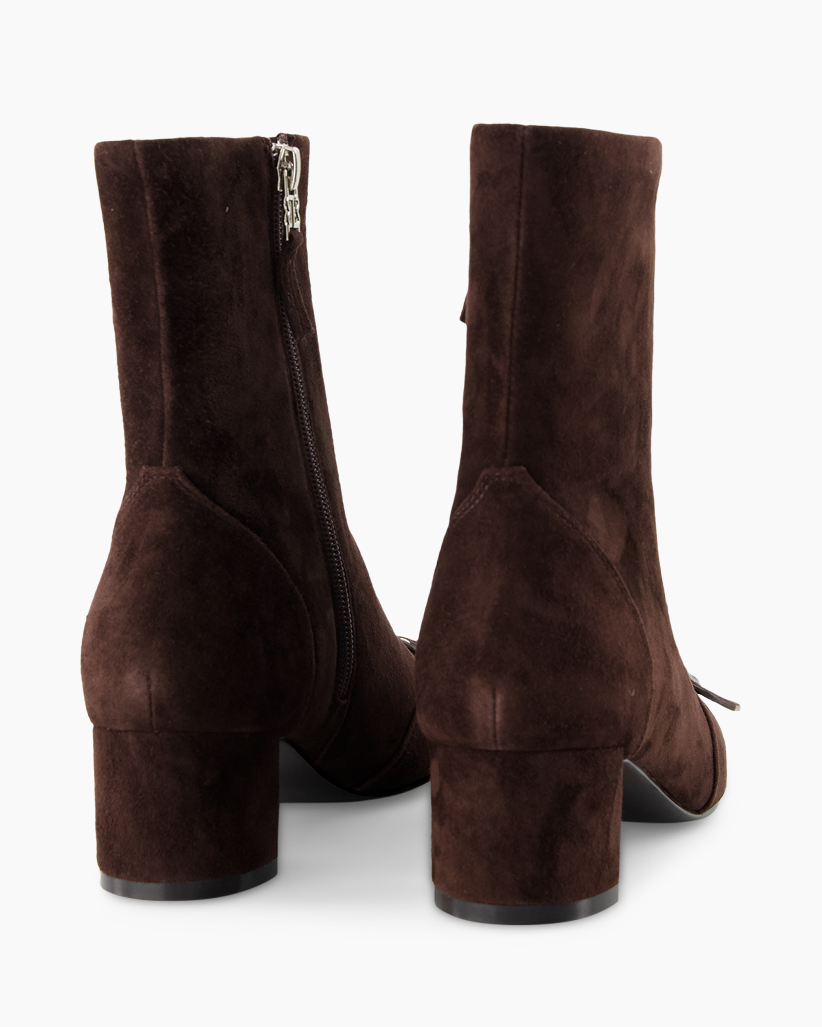 ankle boots, brown suede, zip closure, block heel, mid-calf height