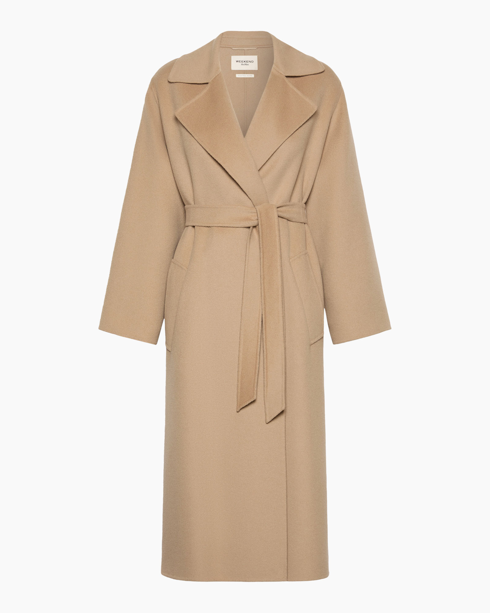 coat, long, beige, belted, lapel