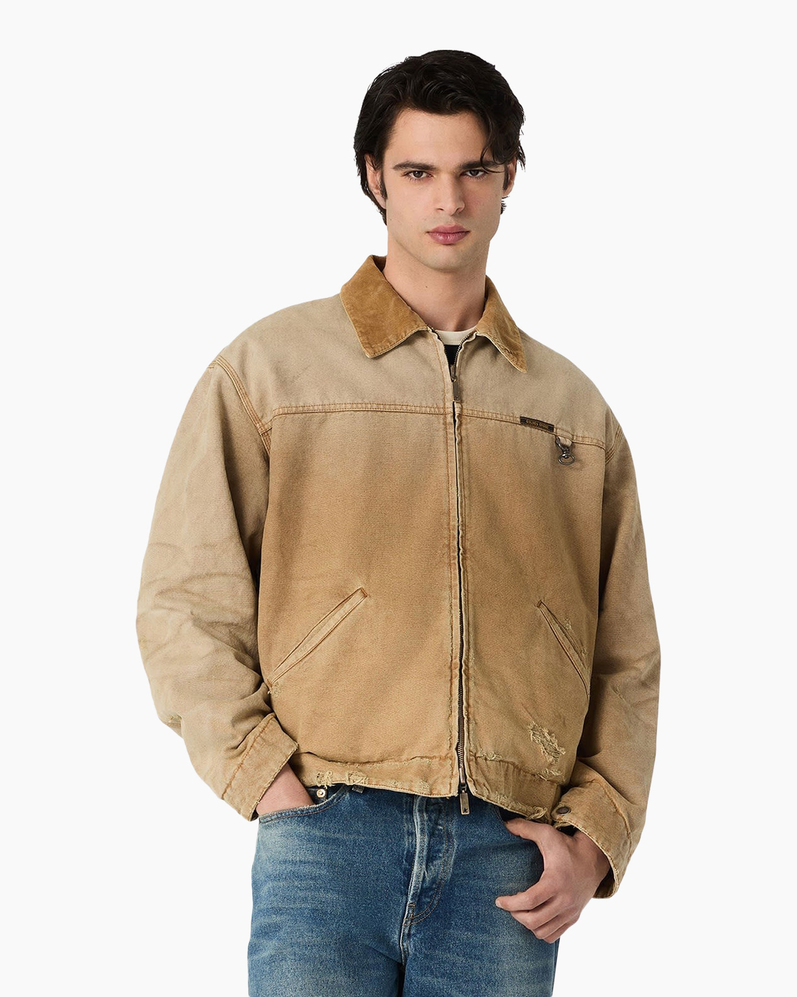 jacket, bomber jacket, zippered, tan, pockets