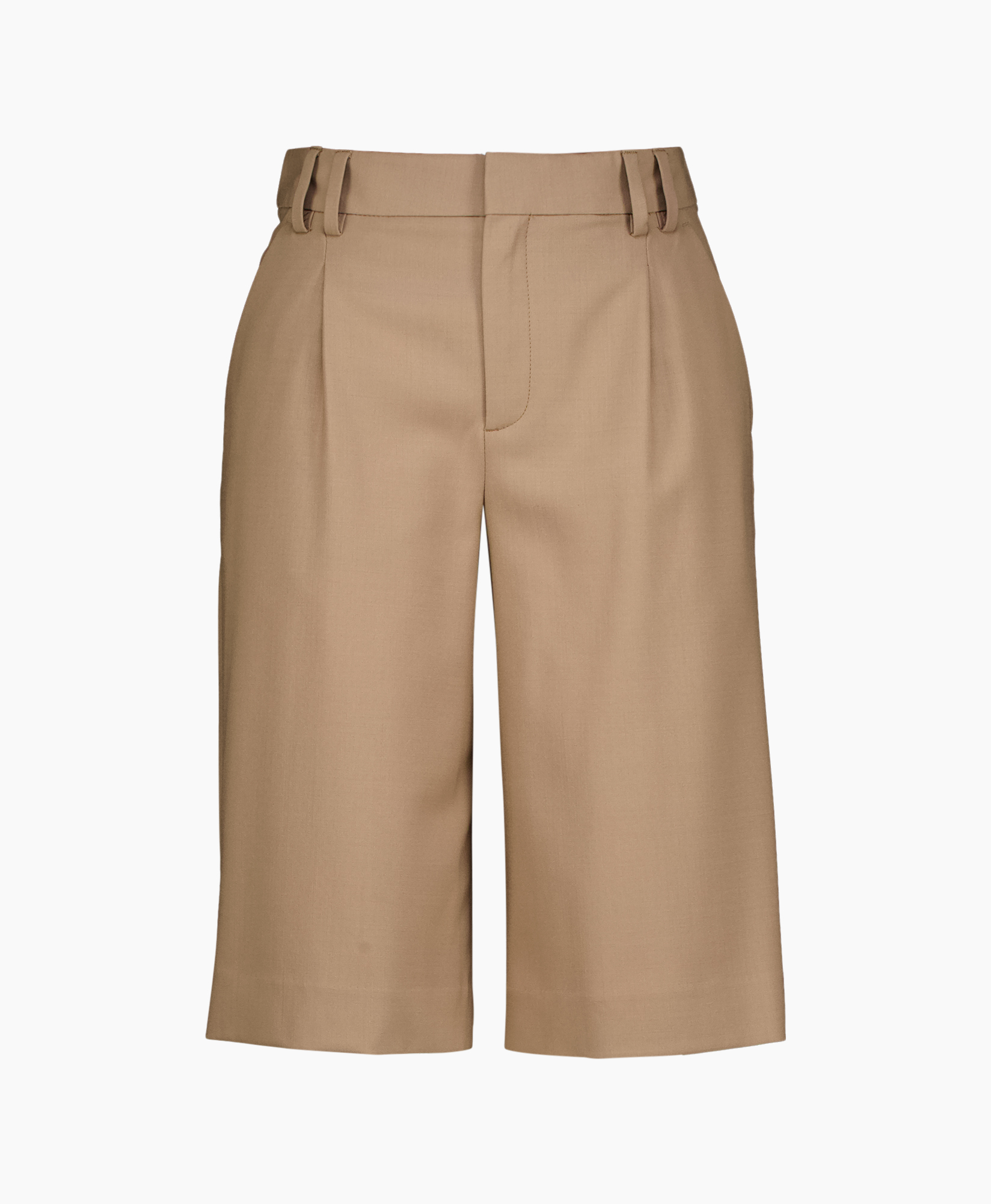 shorts, knee-length, beige, flat-front, belted