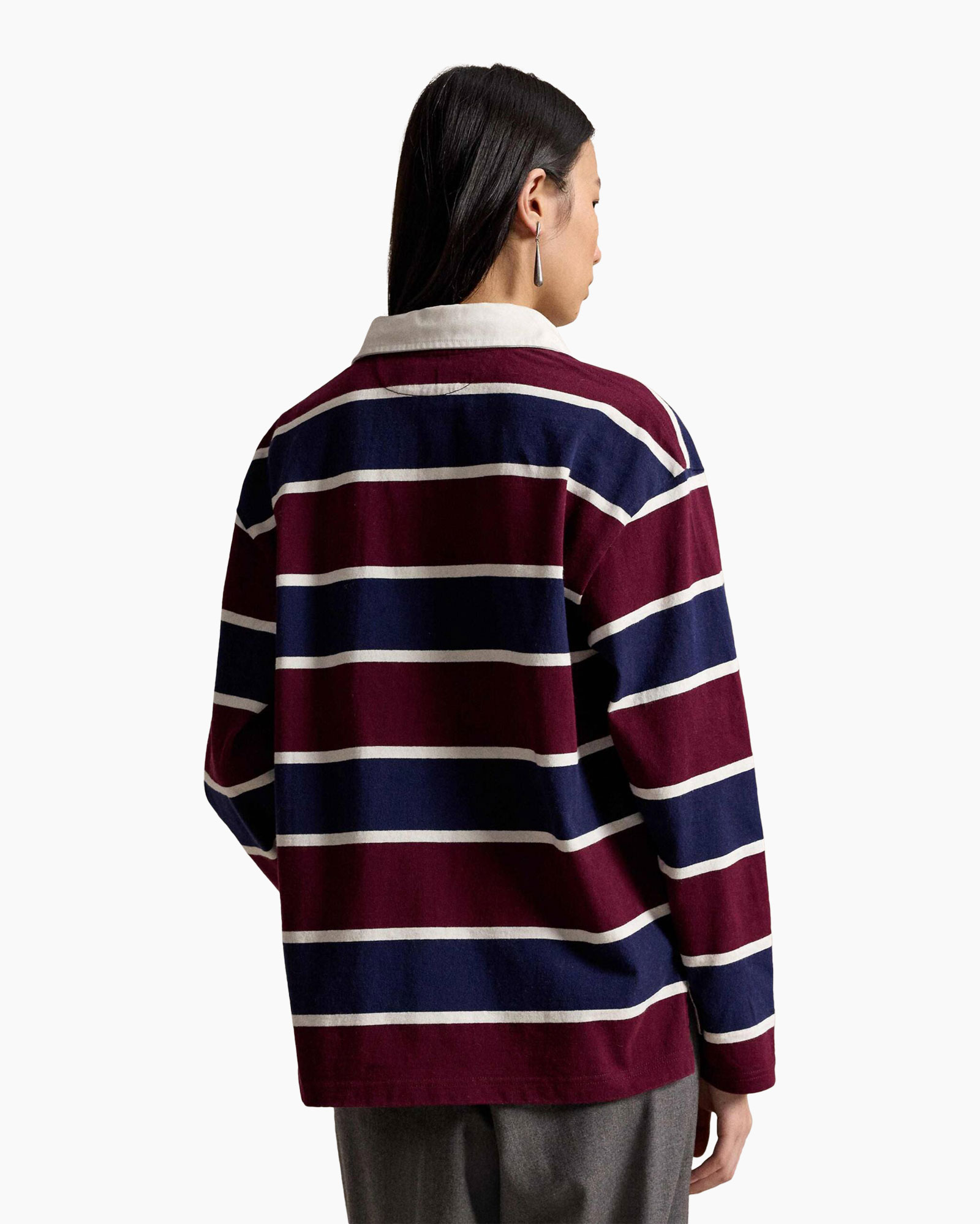striped shirt, long sleeve, burgundy, navy, cotton