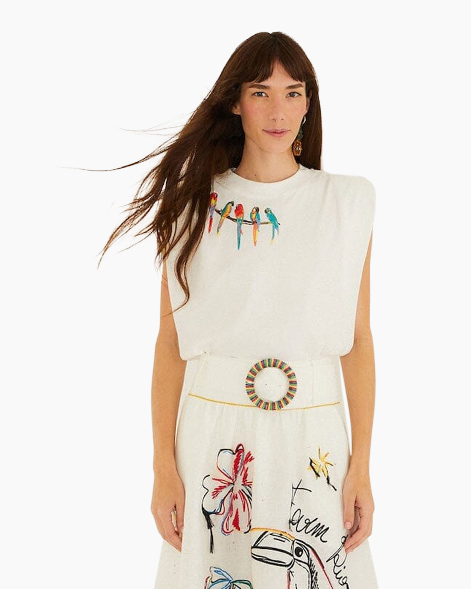 sleeveless top, graphic tee, white top, parrot print, circa belt