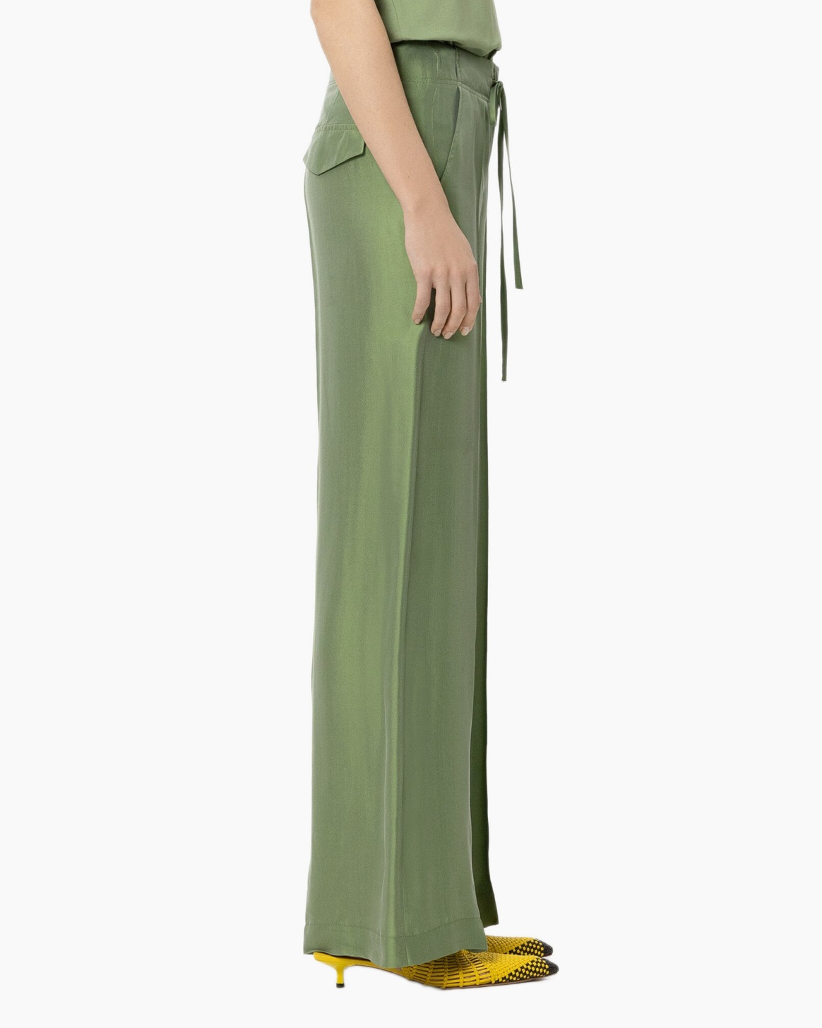 pants, wide-leg, green, linen-like, slit