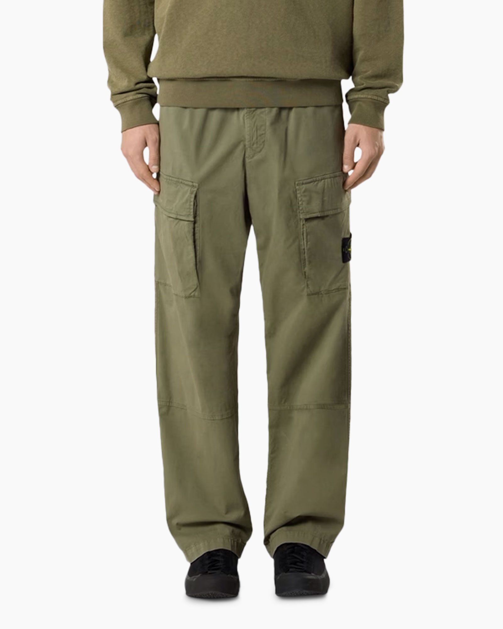 cargo pants, olive green, knit waistband, cargo pockets, loose fit