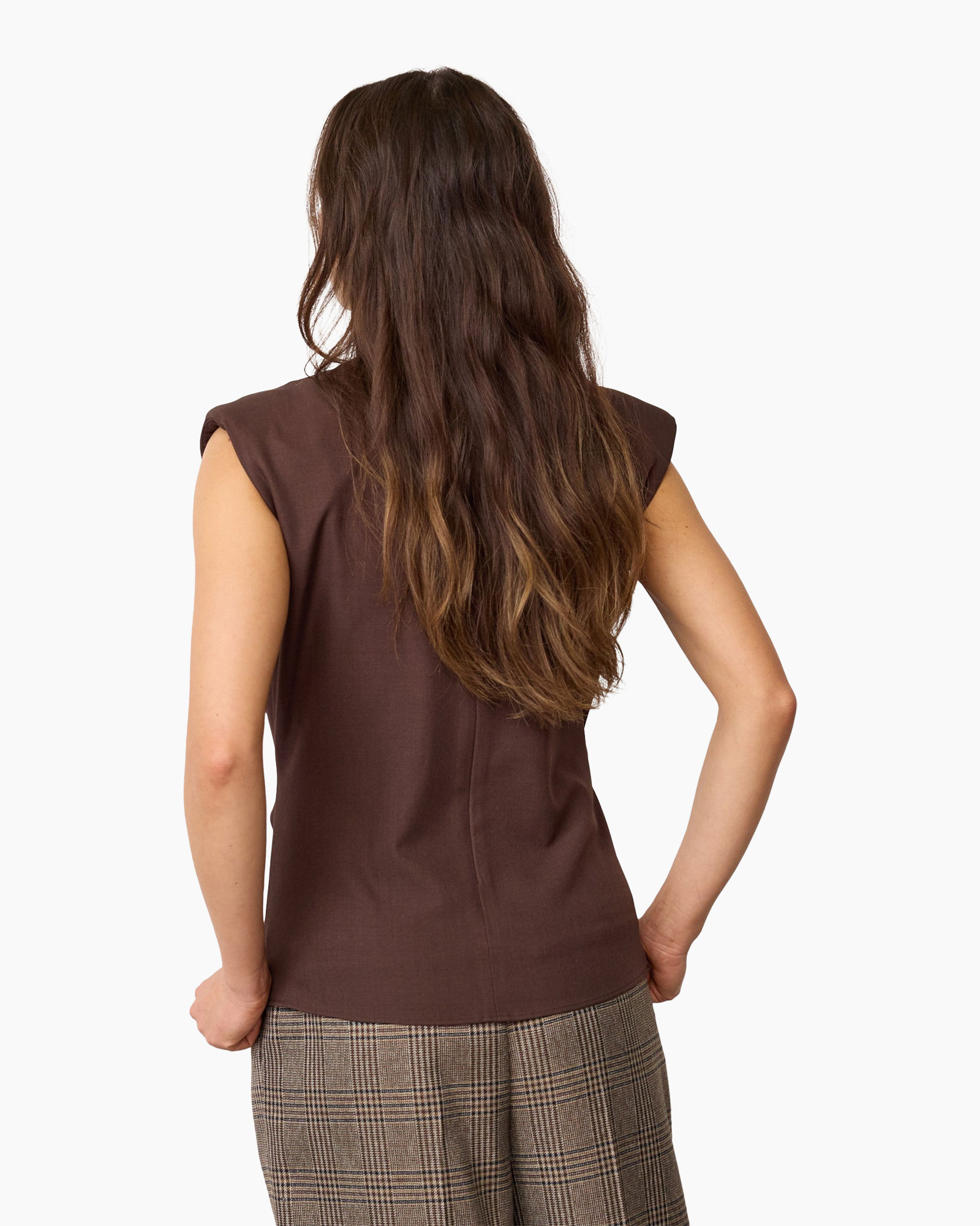 top, sleeveless, brown, plain, back
