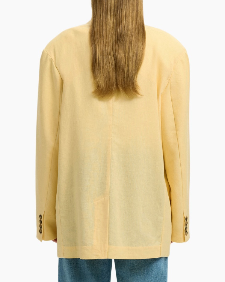 blazer, double-breasted, peach, longline, pocketed