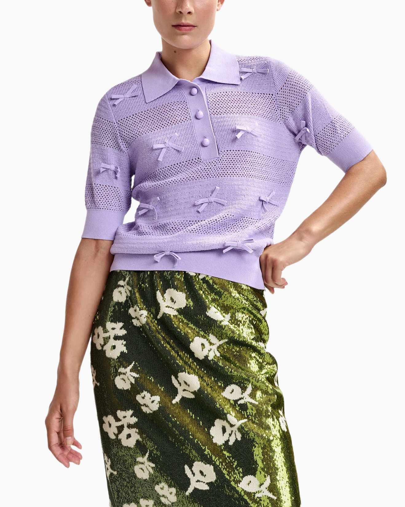 knit polo, lilac top, short sleeve, crochet knit, bow accents