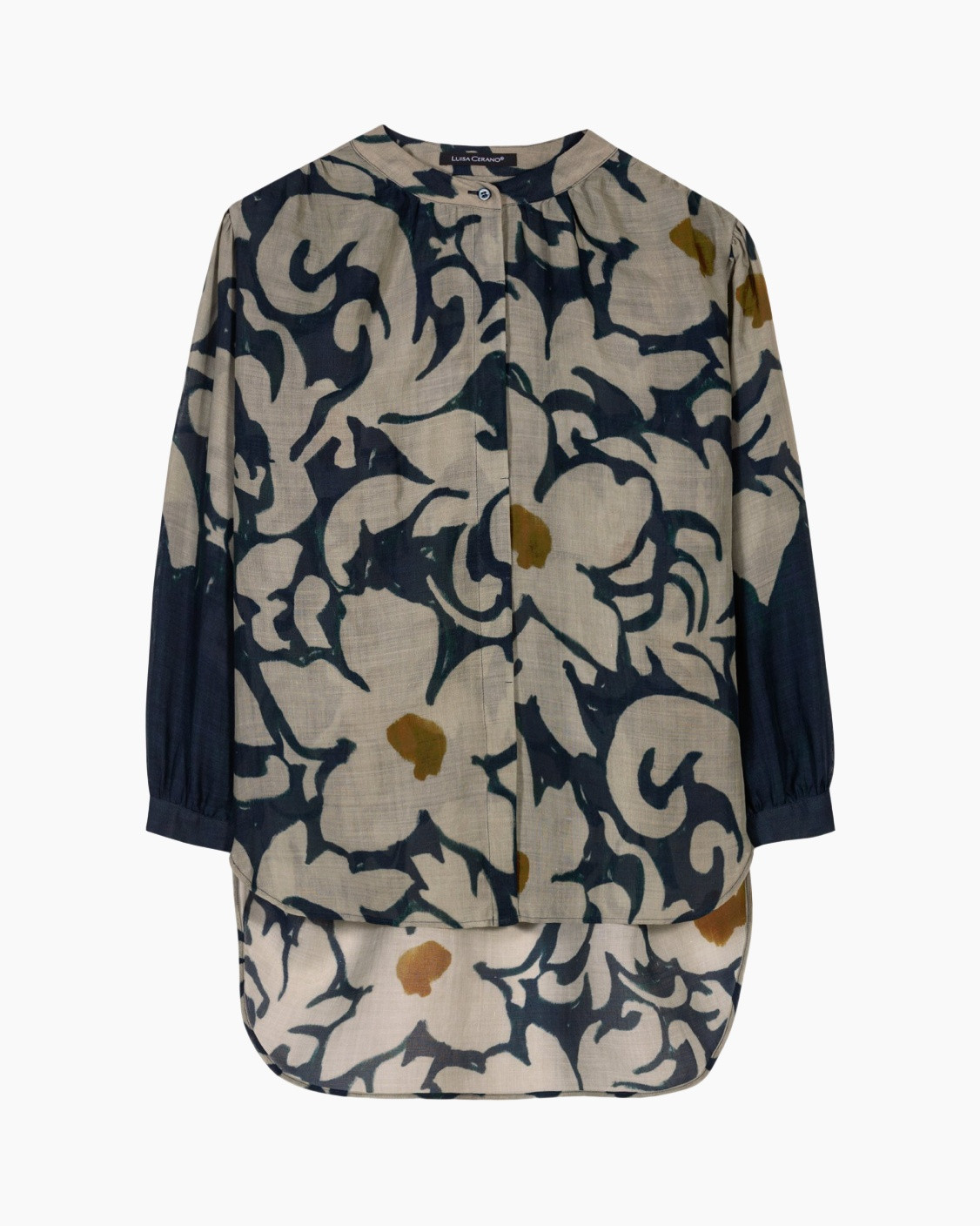 blouse, long_sleeve, abstract_pattern, linen, beige_navy