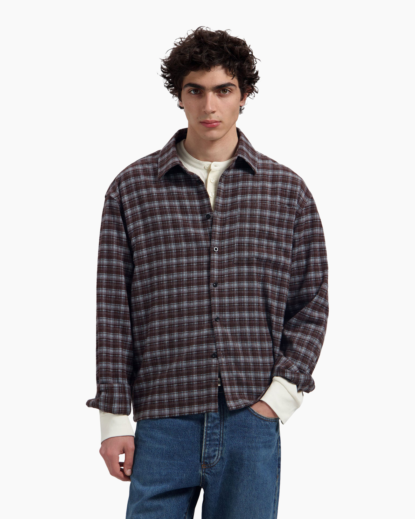 plaid shirt, flannel, long sleeve, brown, button front