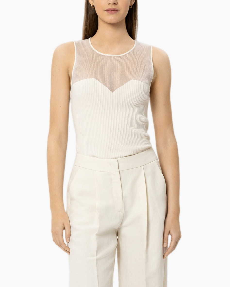tank top, ribbed knit, sheer mesh, creamy white, tailored pants