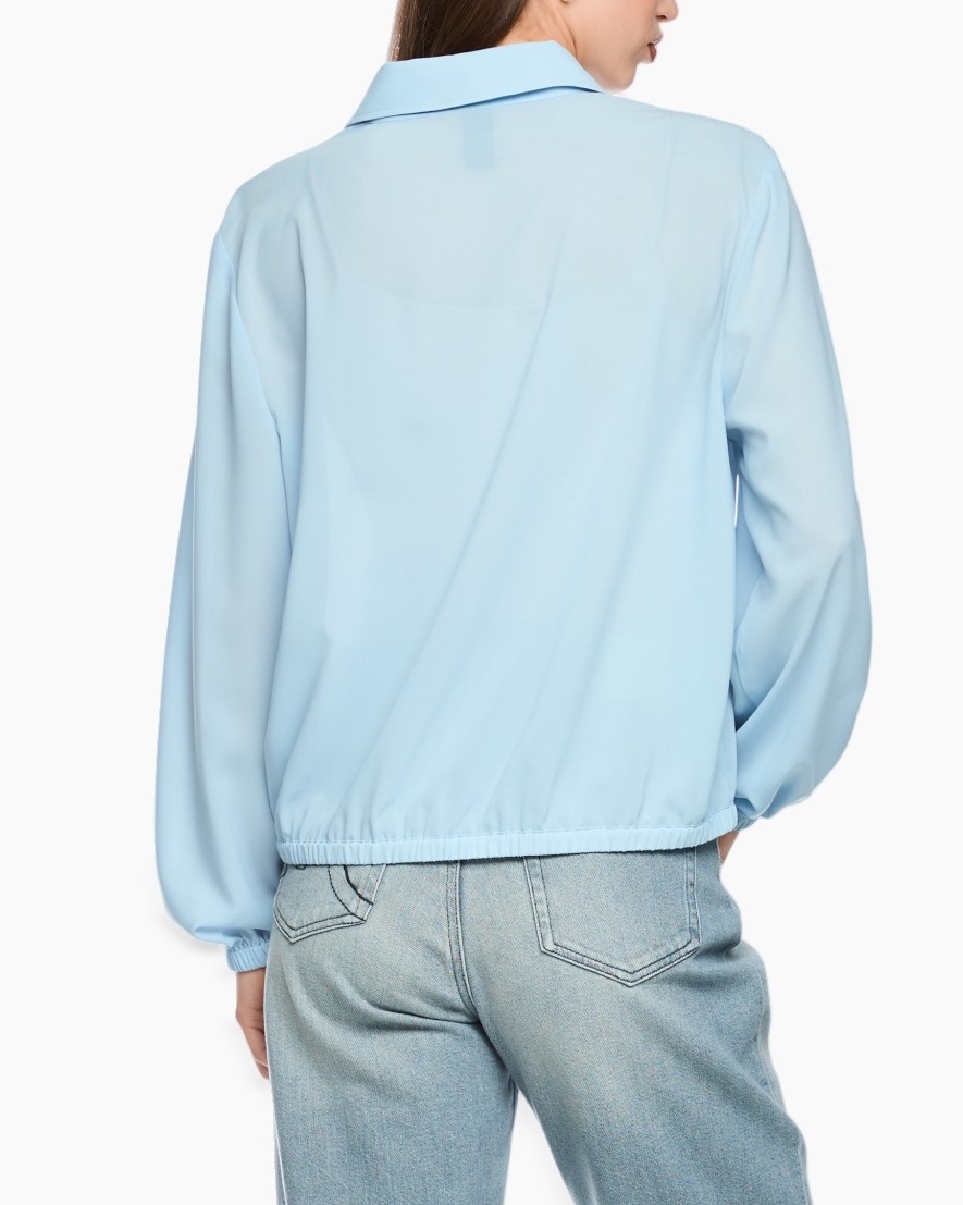 light blue jacket, elastic hem, puff sleeves, collared jacket, back view