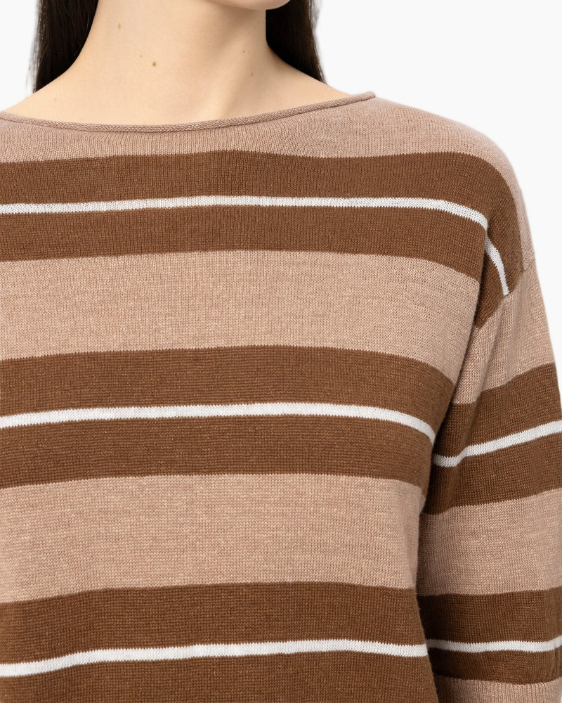 striped sweater, knit top, brown stripes, long sleeve, crew neck