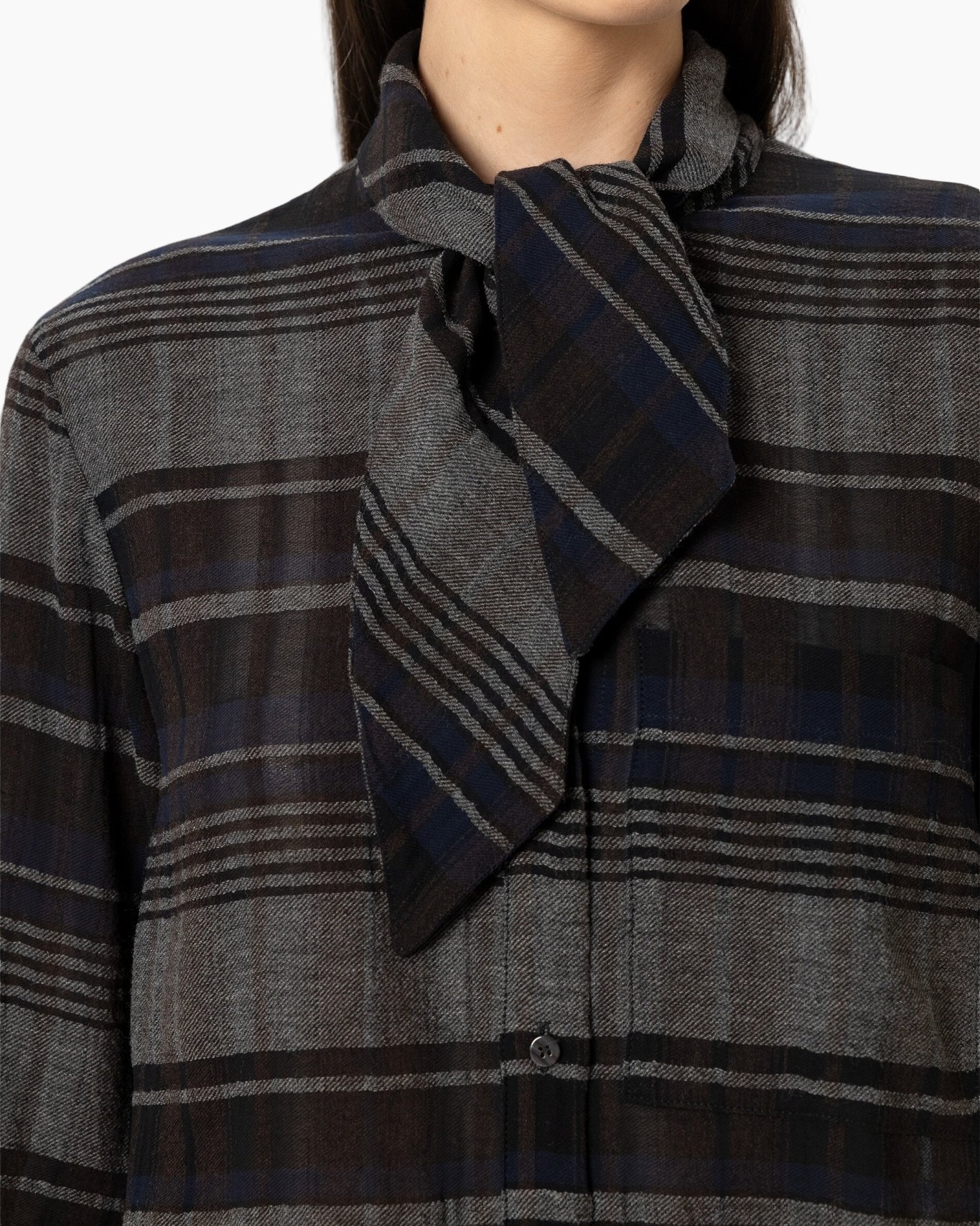 plaid, scarf, neck tie, buttoned shirt, gray