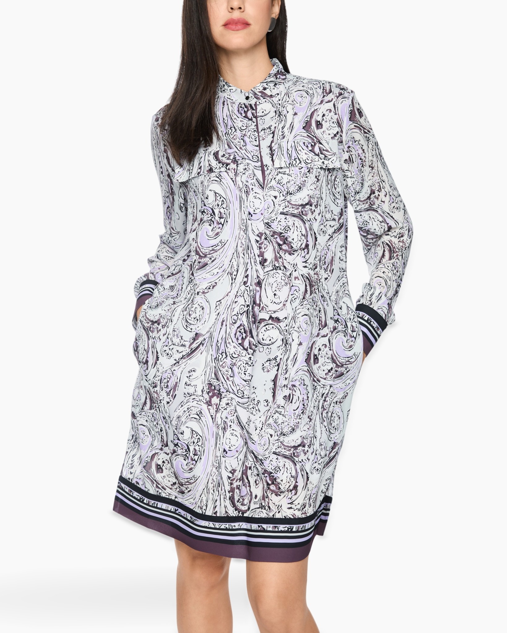 shirt dress, paisley pattern, long sleeves, knit collar, pocketed