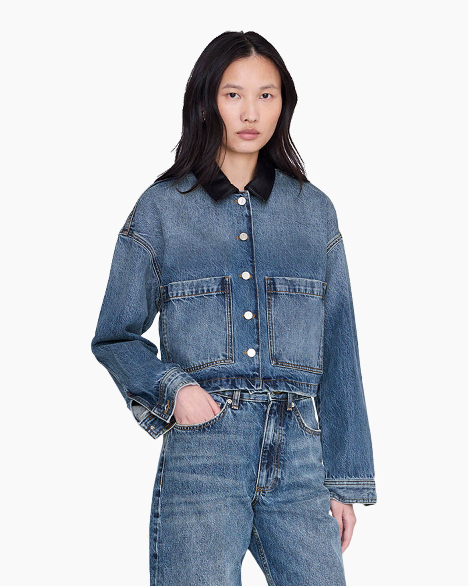 denim jacket, blue jeans, collar, metal buttons, pocket front
