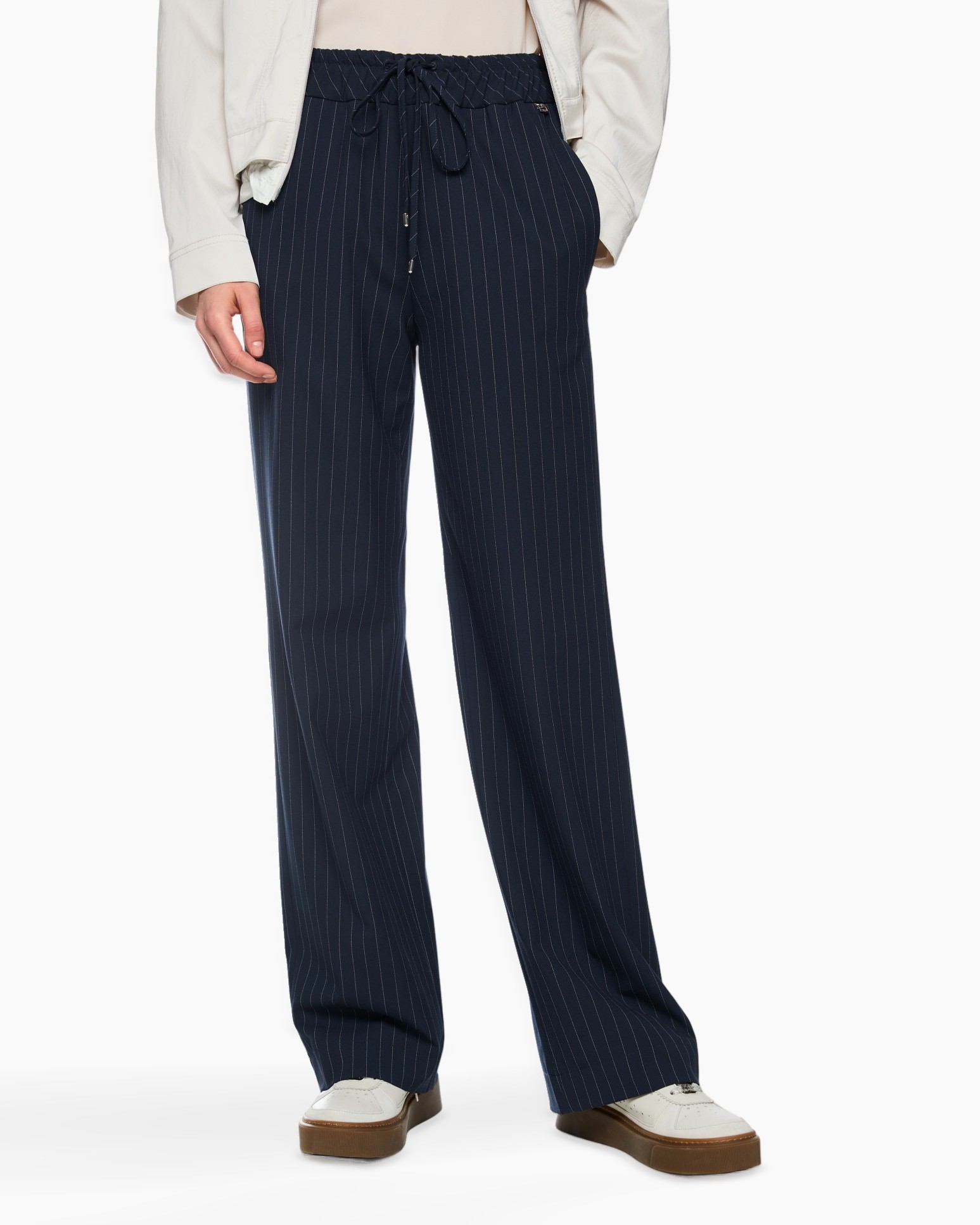 navy pants, pinstripe, wide leg, drawstring waist, pants with pockets