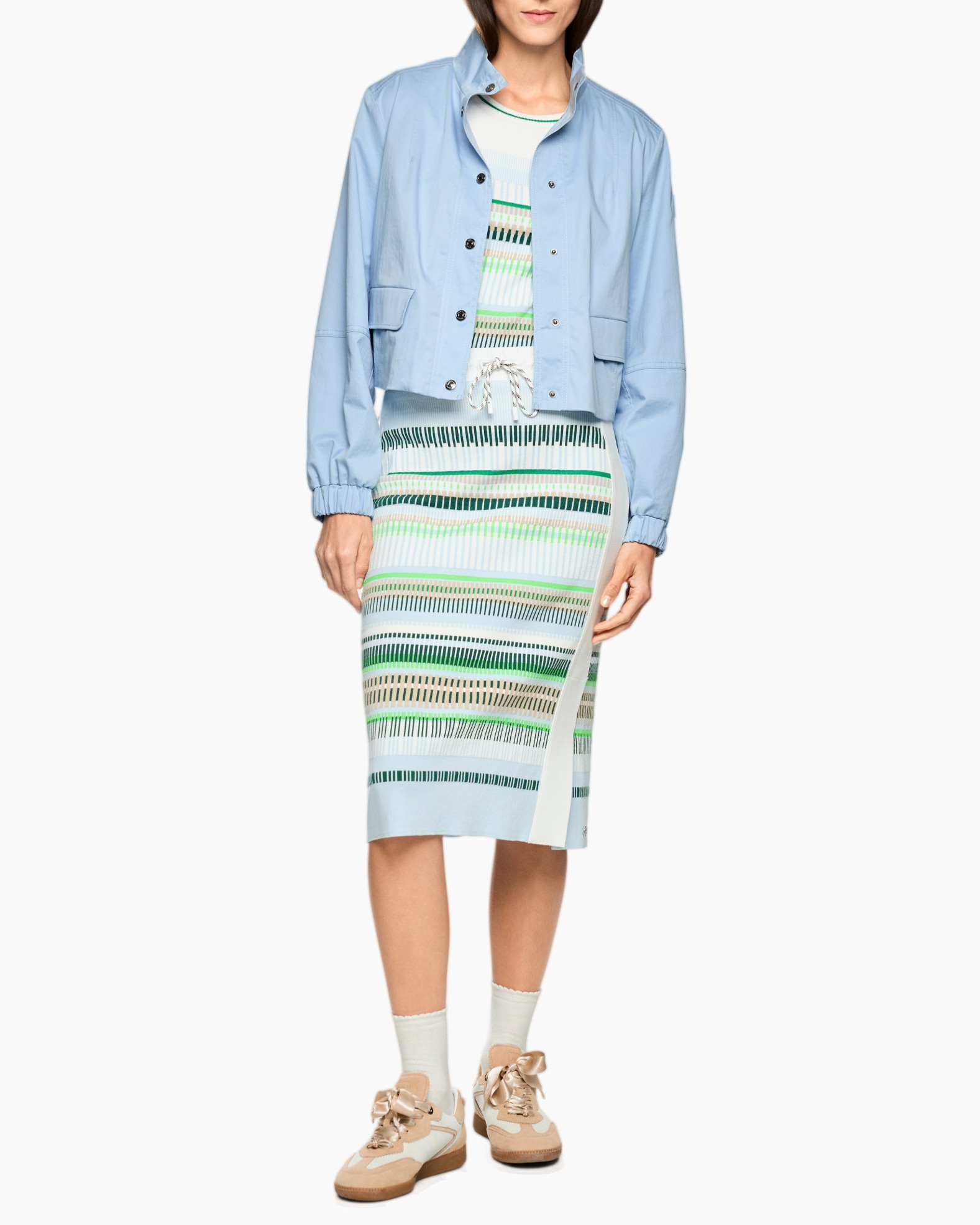 light-blue jacket, crop jacket, drawstring knit skirt, striped pattern, pastel colors