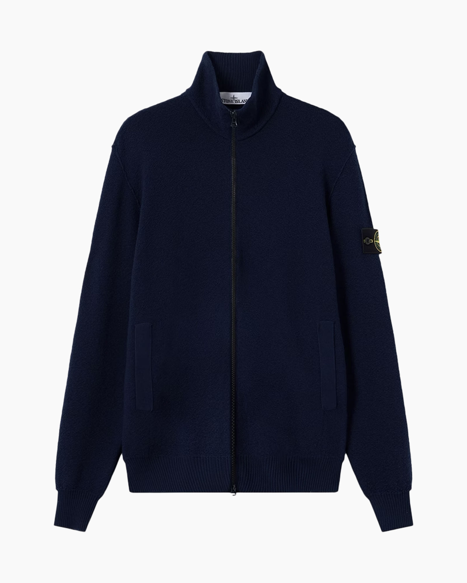 navy jacket, zip front, bomber style, knit cardigan, pocketed