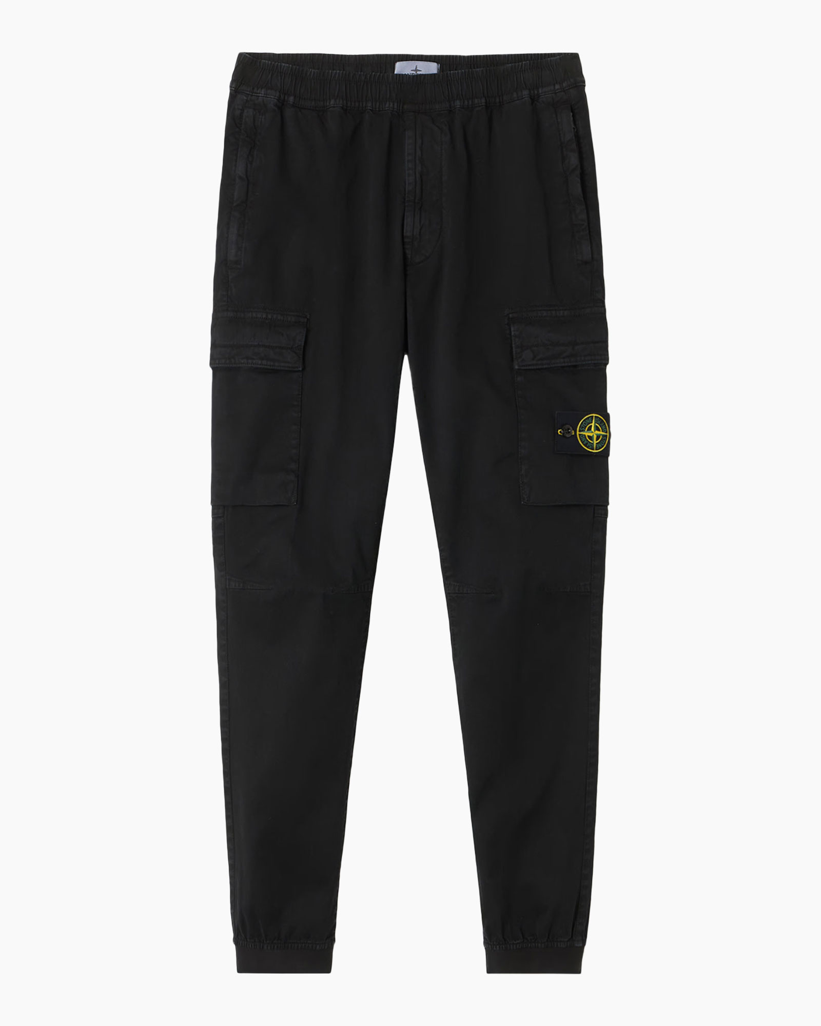 pants, cargo pants, black, elastic waistband, pocket, logo patch