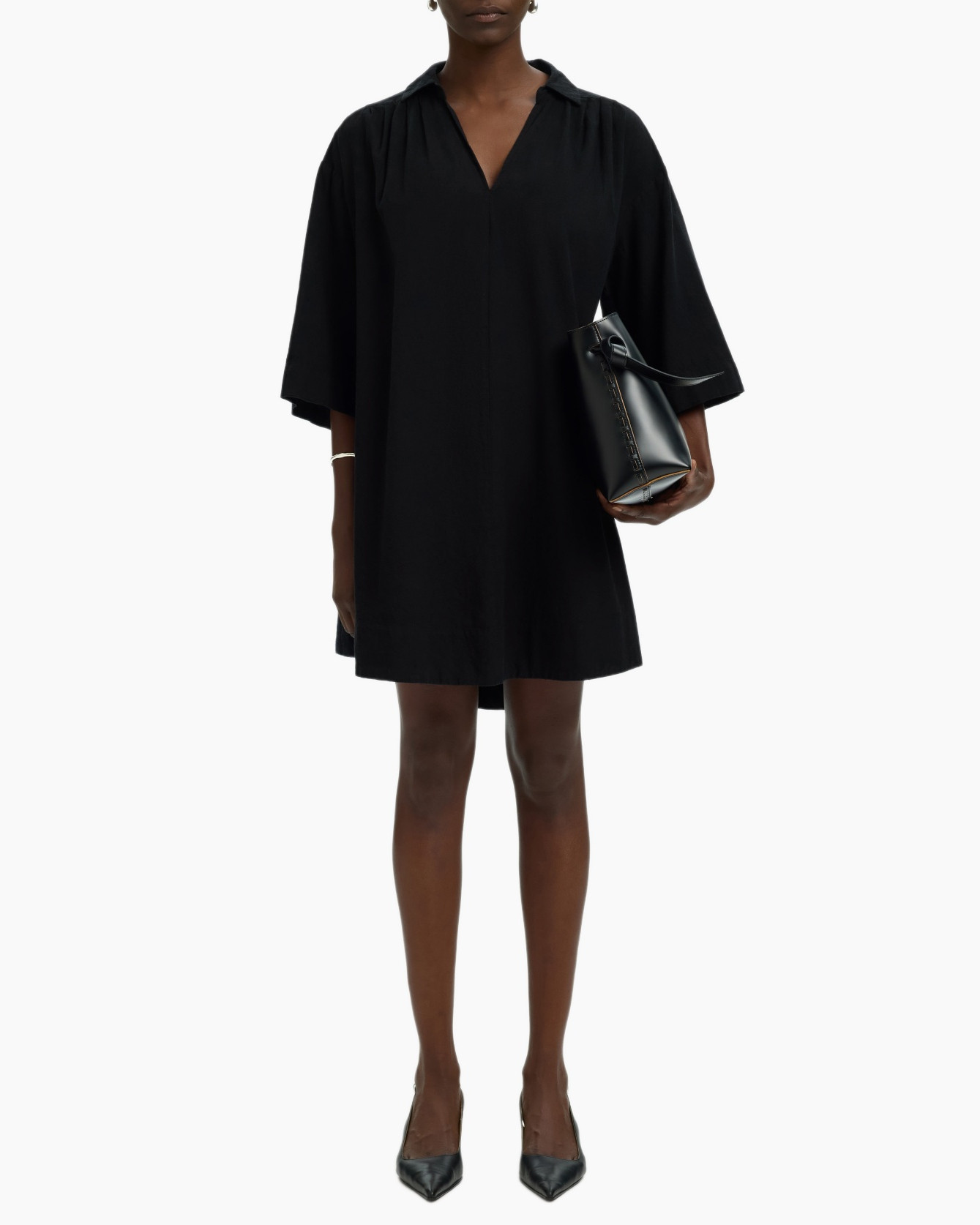 dress, black, shift, knee-length, short sleeves