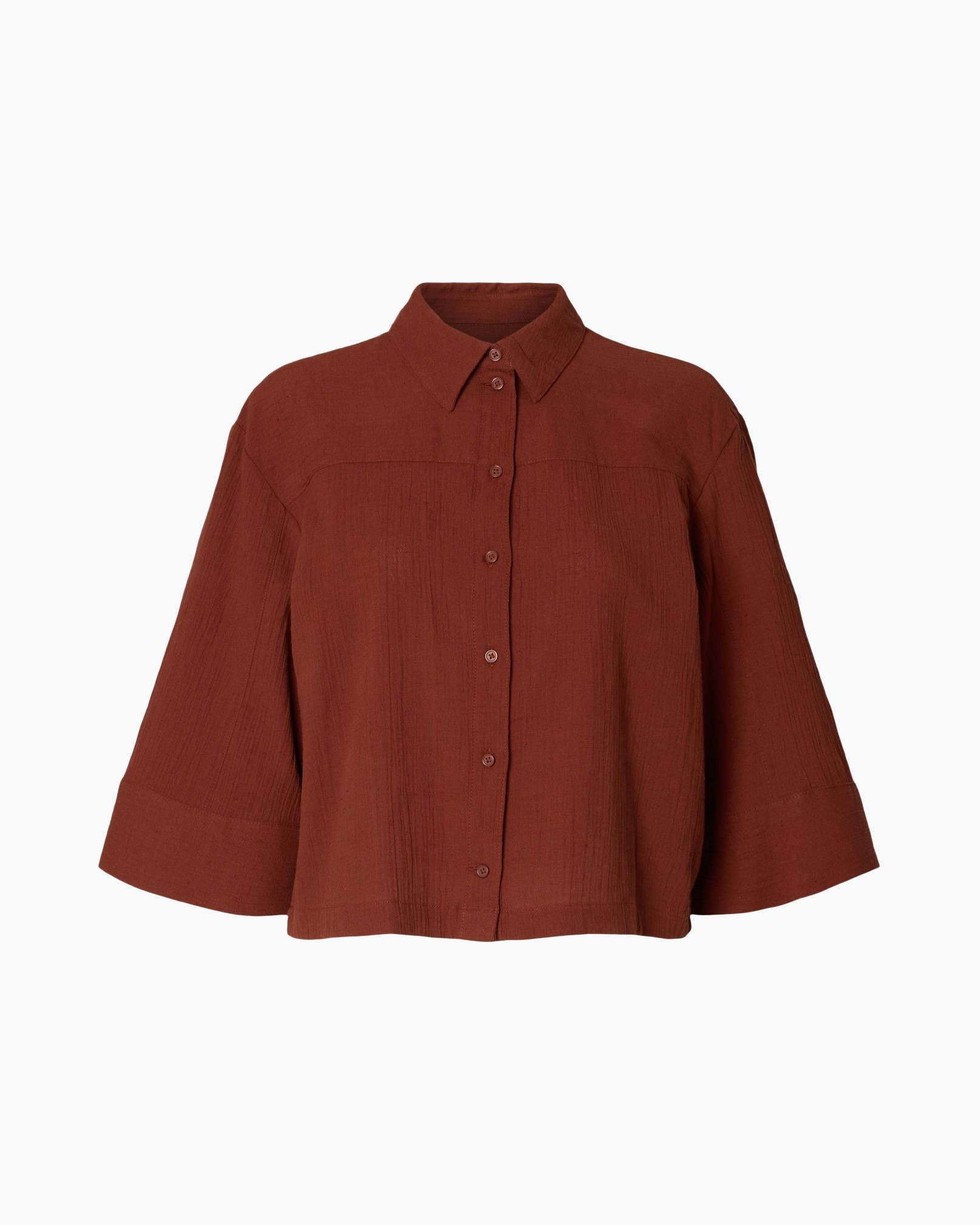 shirt, blouse, button-down, rust-orange, wide-sleeve