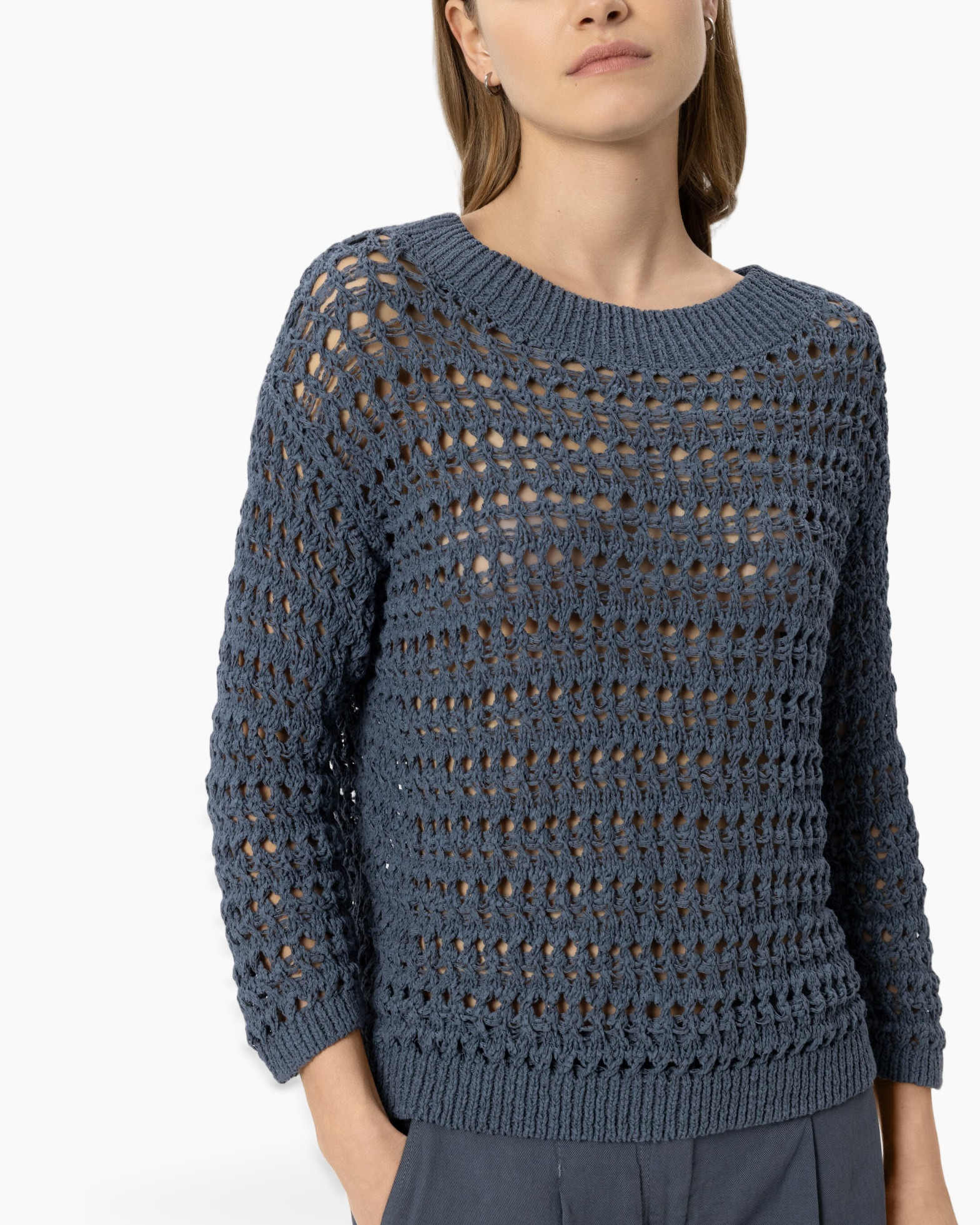 crochet sweater, openwork knit, long sleeve, crew neck, slouchy fit