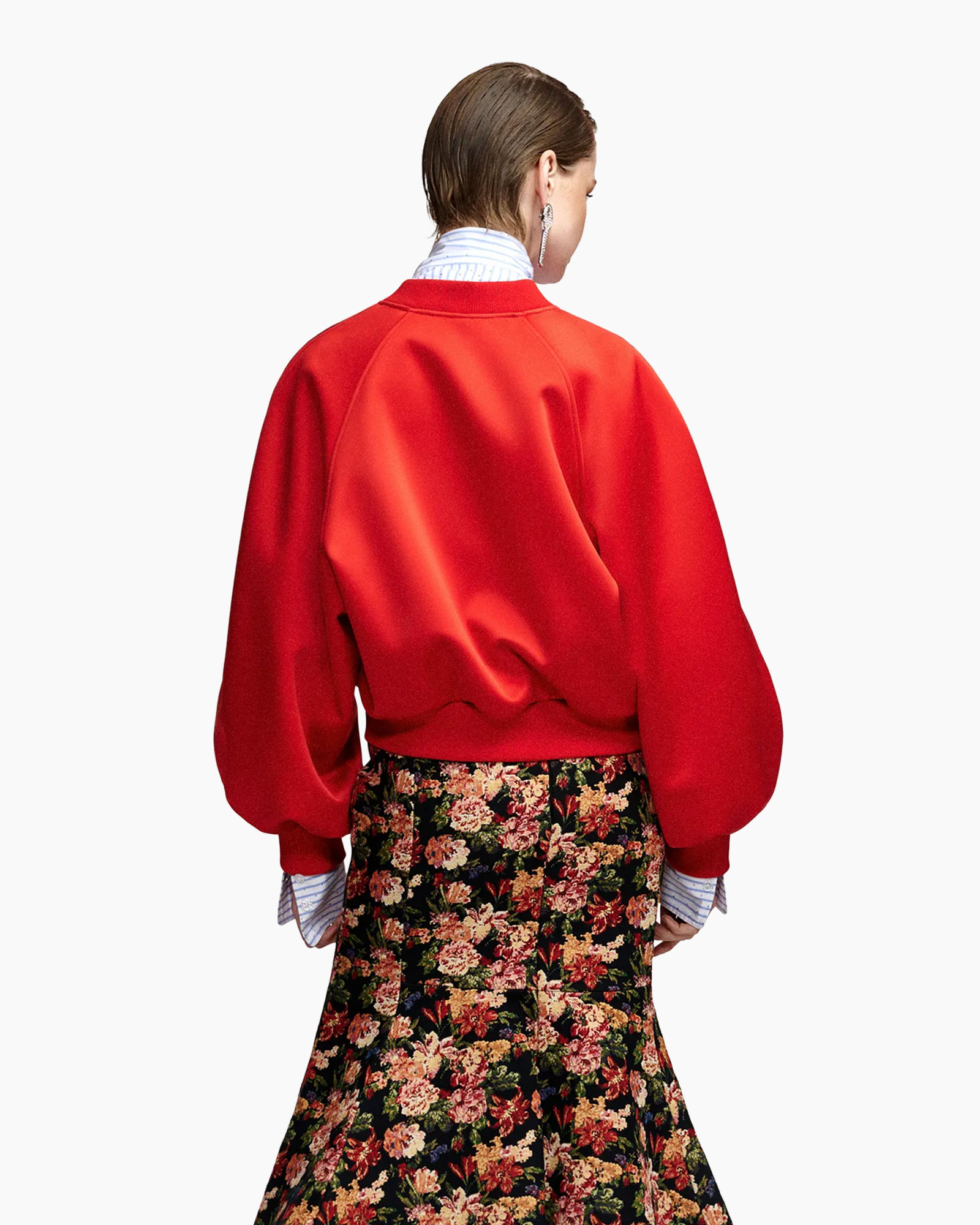 red jacket, puff sleeves, large scarf bow, floral skirt, zip front